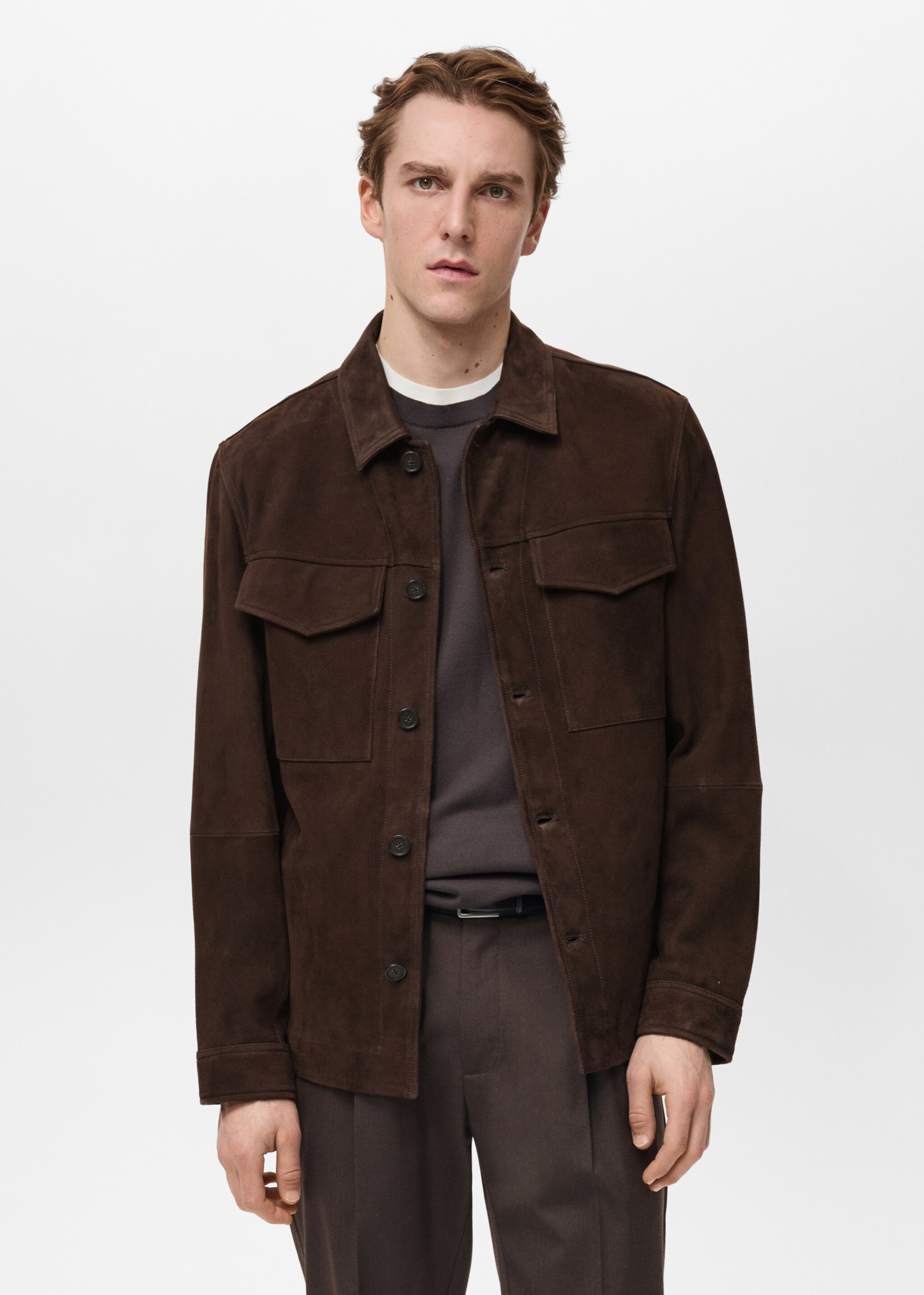 Suede jacket with pockets - Medium plane, Chocolate. Ref: 87074391-00.