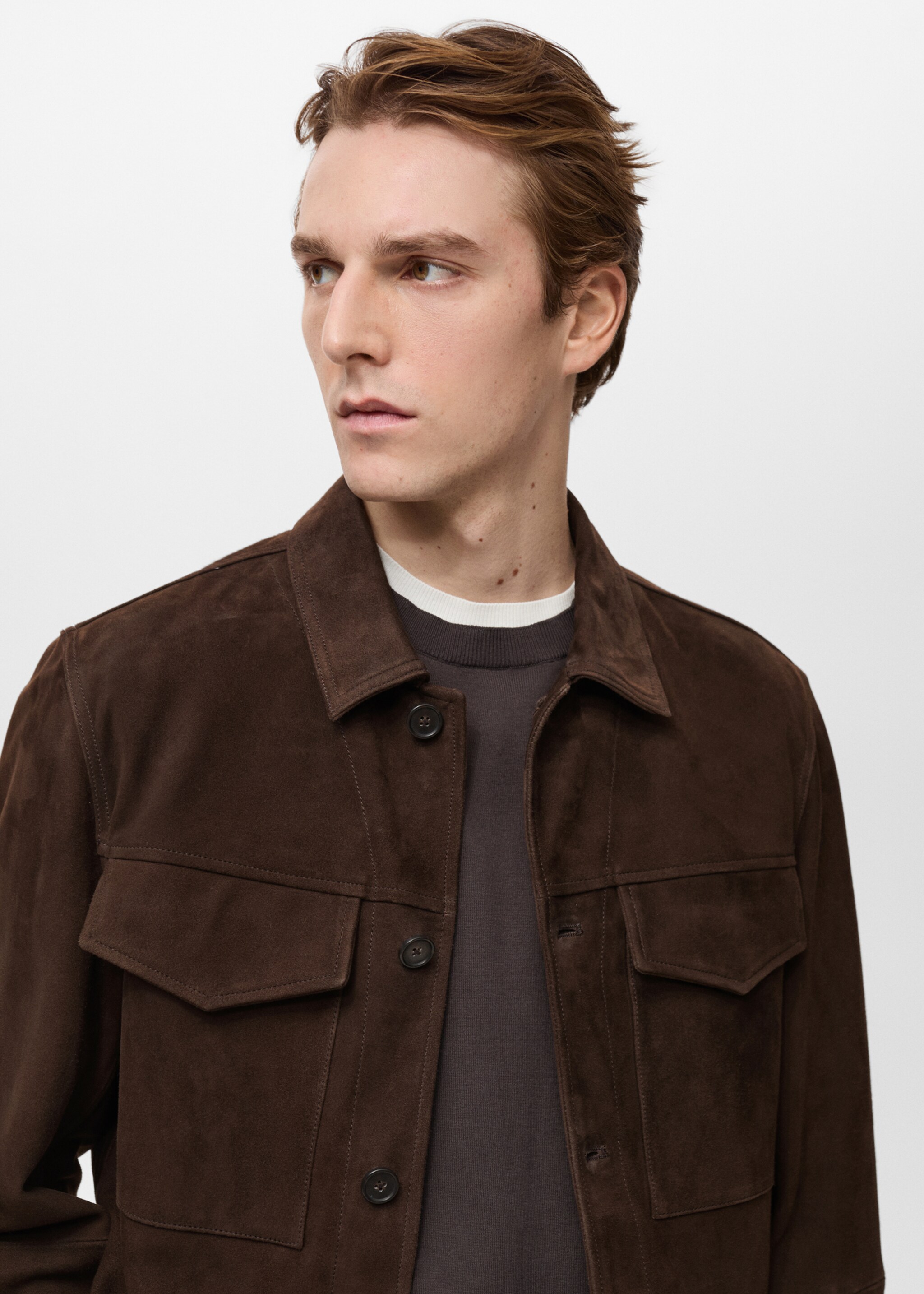 Suede jacket with pockets - Details of the article 1, Chocolate. Ref: 87074391-00.