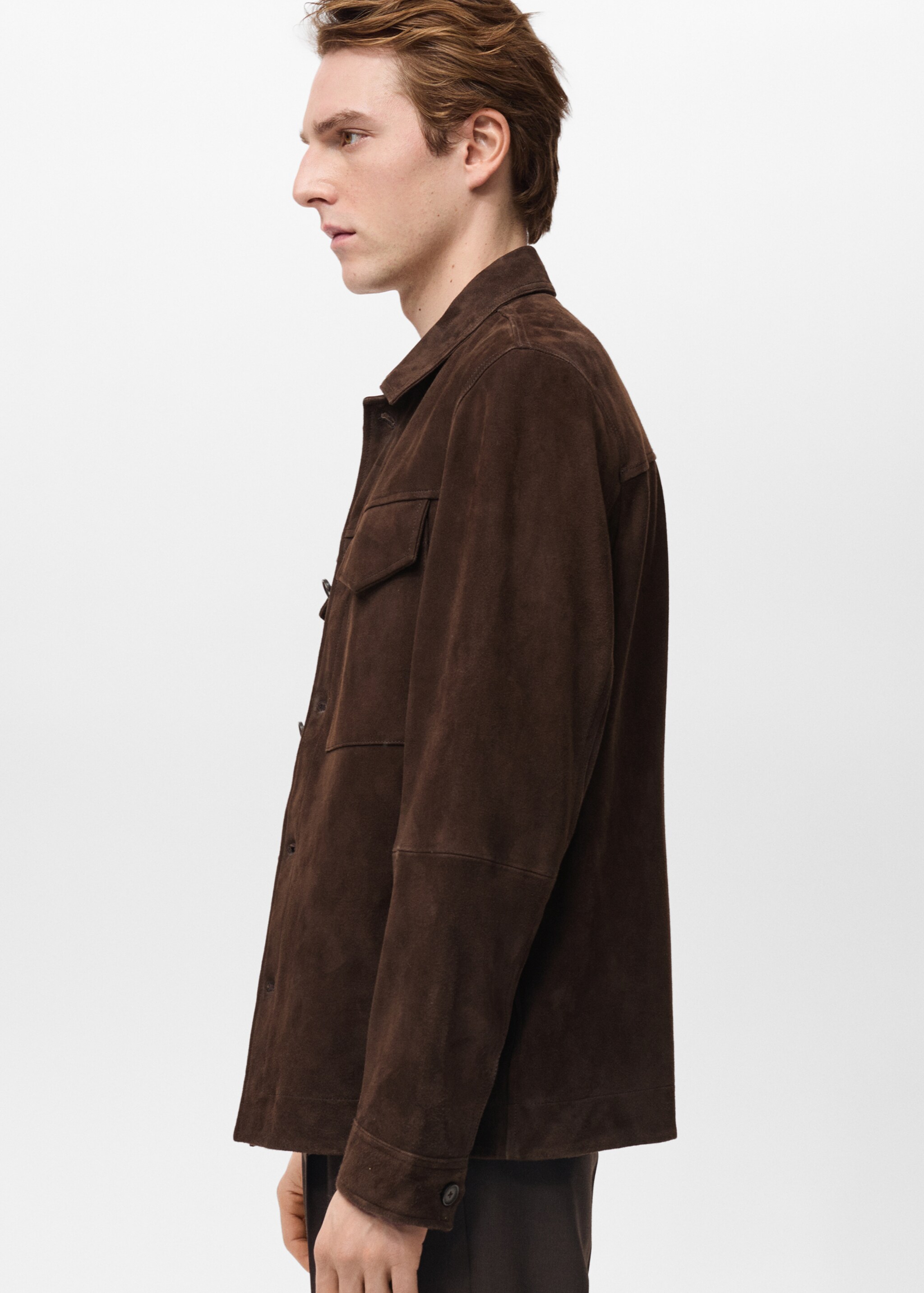 Suede jacket with pockets - Details of the article 2, Chocolate. Ref: 87074391-00.