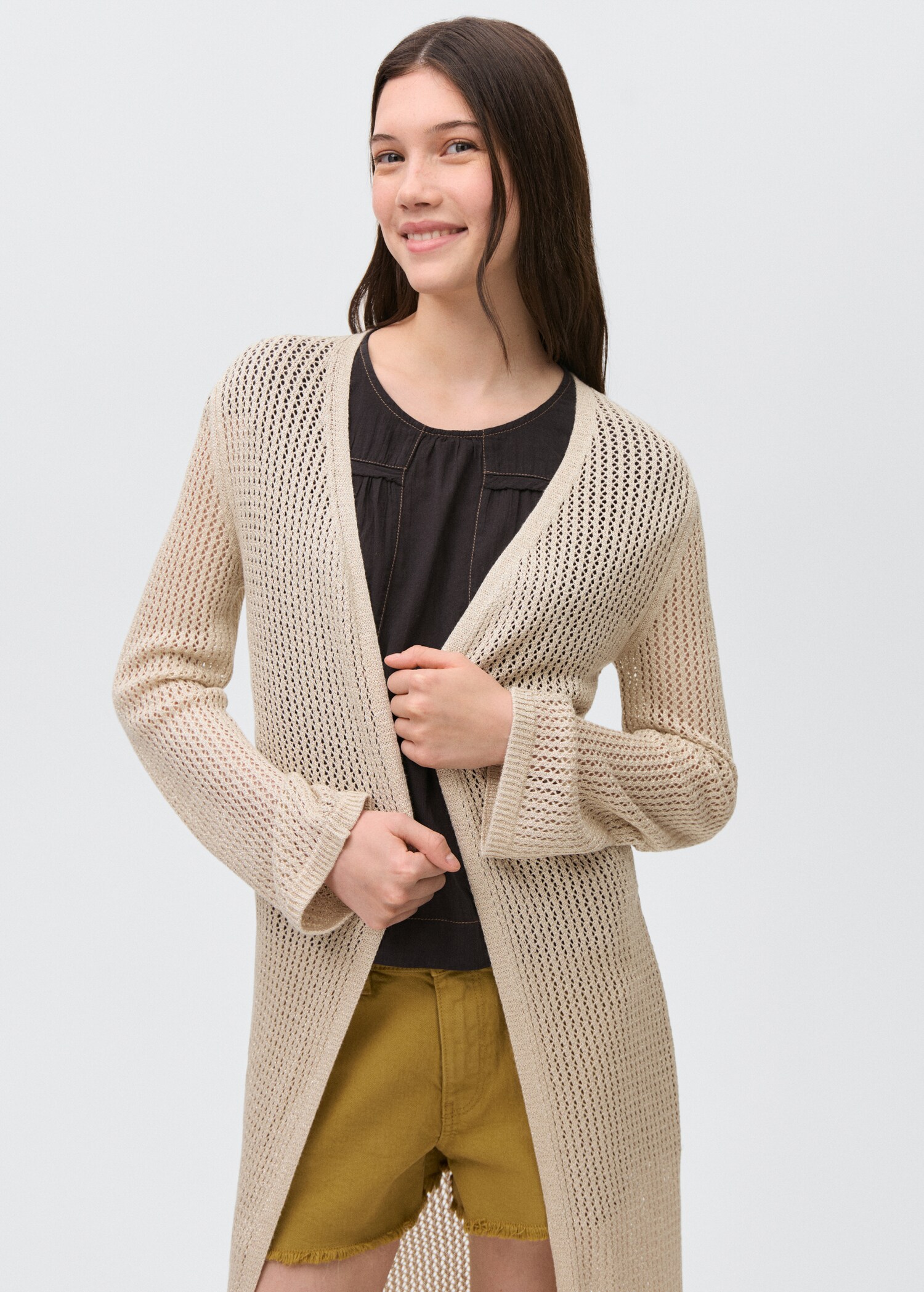 Cardigan long maille ajourée - Plan moyen