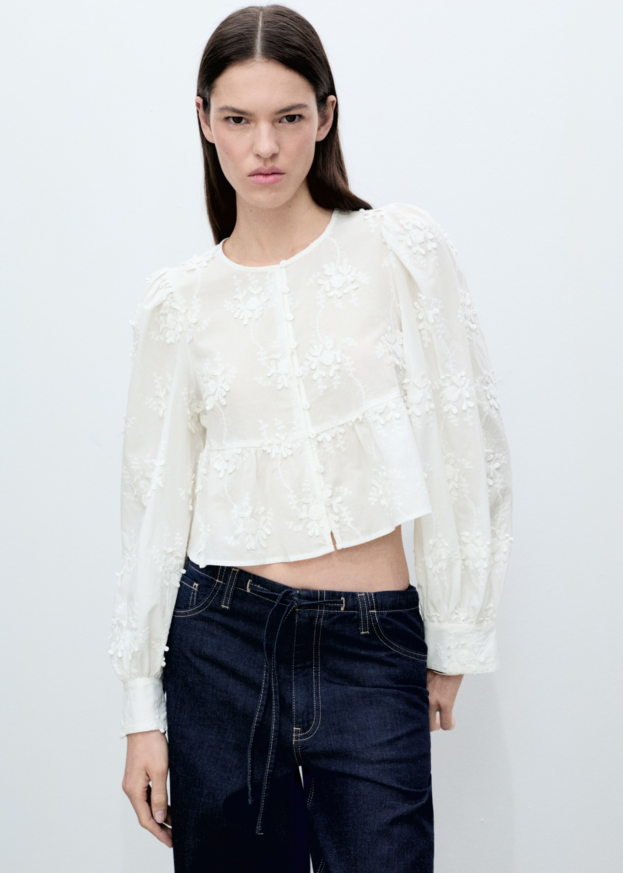 Bluse Baumwolle Blumenstickerei - Mittlere Ansicht, Cremeweiß. Ref: 87075740-00.