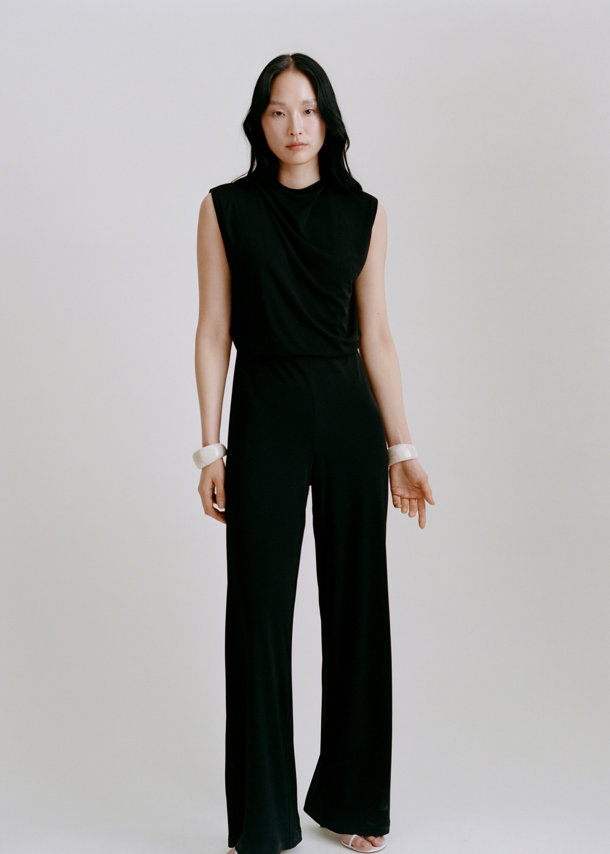 Straight-fit jumpsuit with draped neckline - Details of the article 6, Black. Ref: 87075765-00.