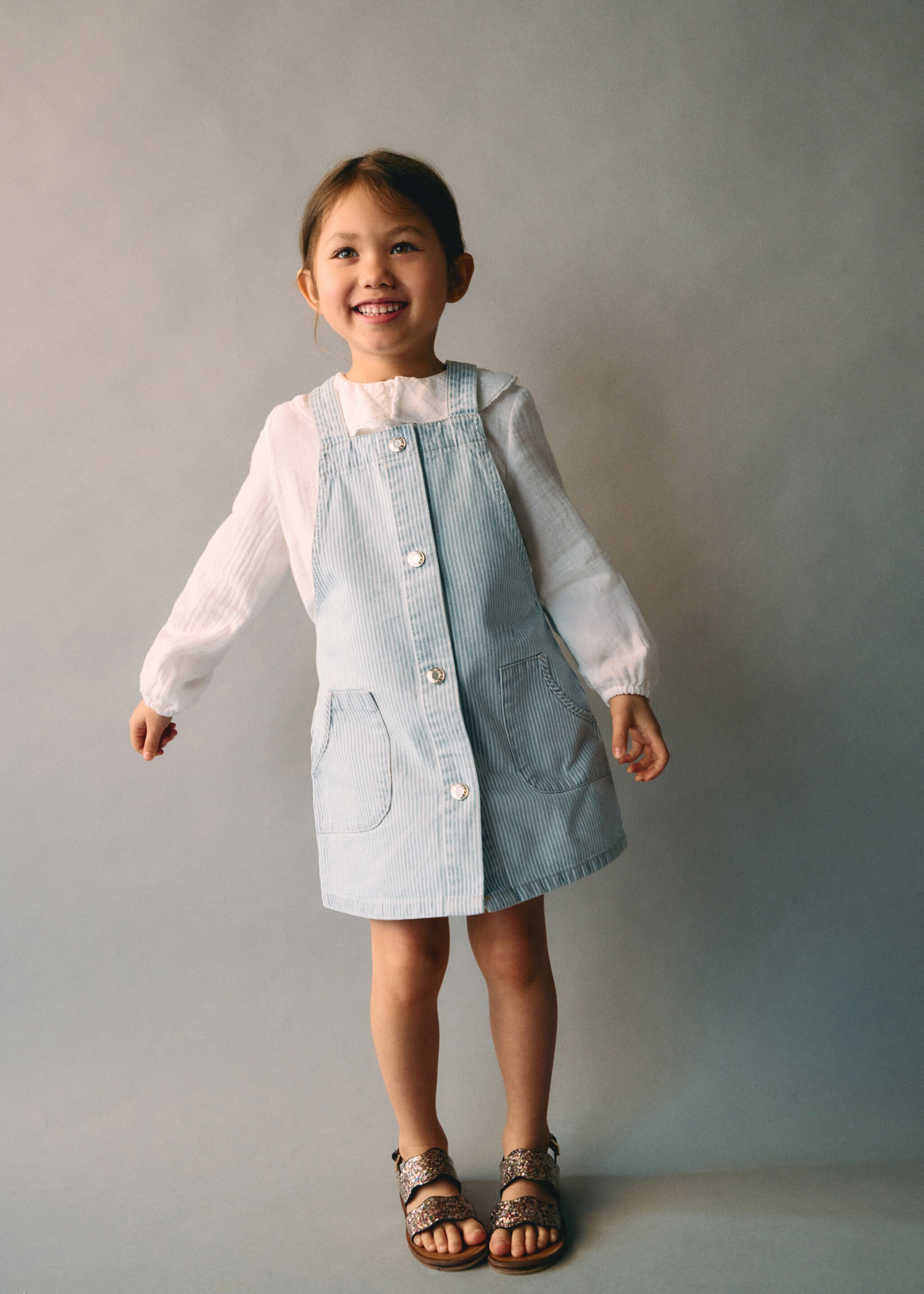 Striped denim pinafore - Details of the article 5, Light Blue. Ref: 87075936-00.