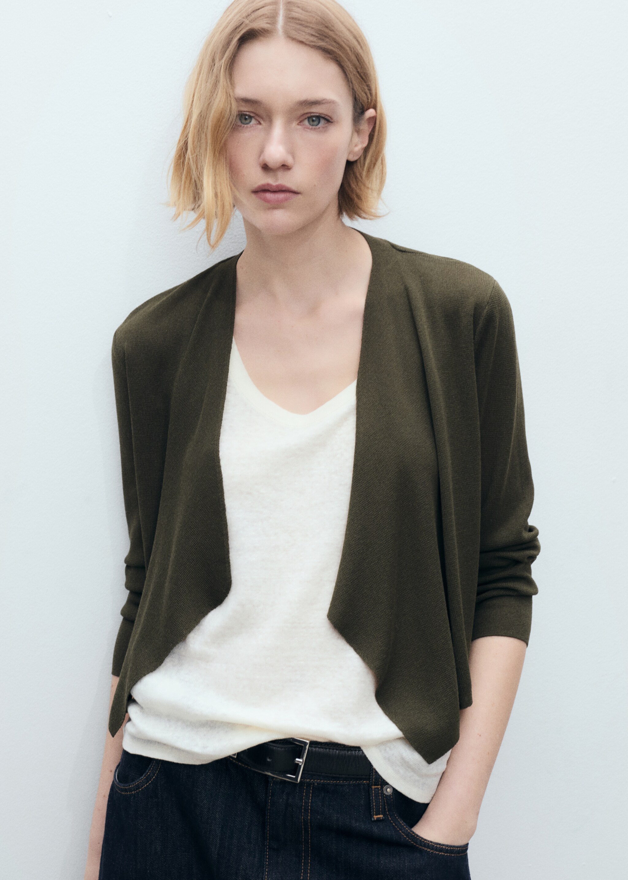 Knitted cropped cardigan - Medium plane, Dark Green. Ref: 87077174-00.