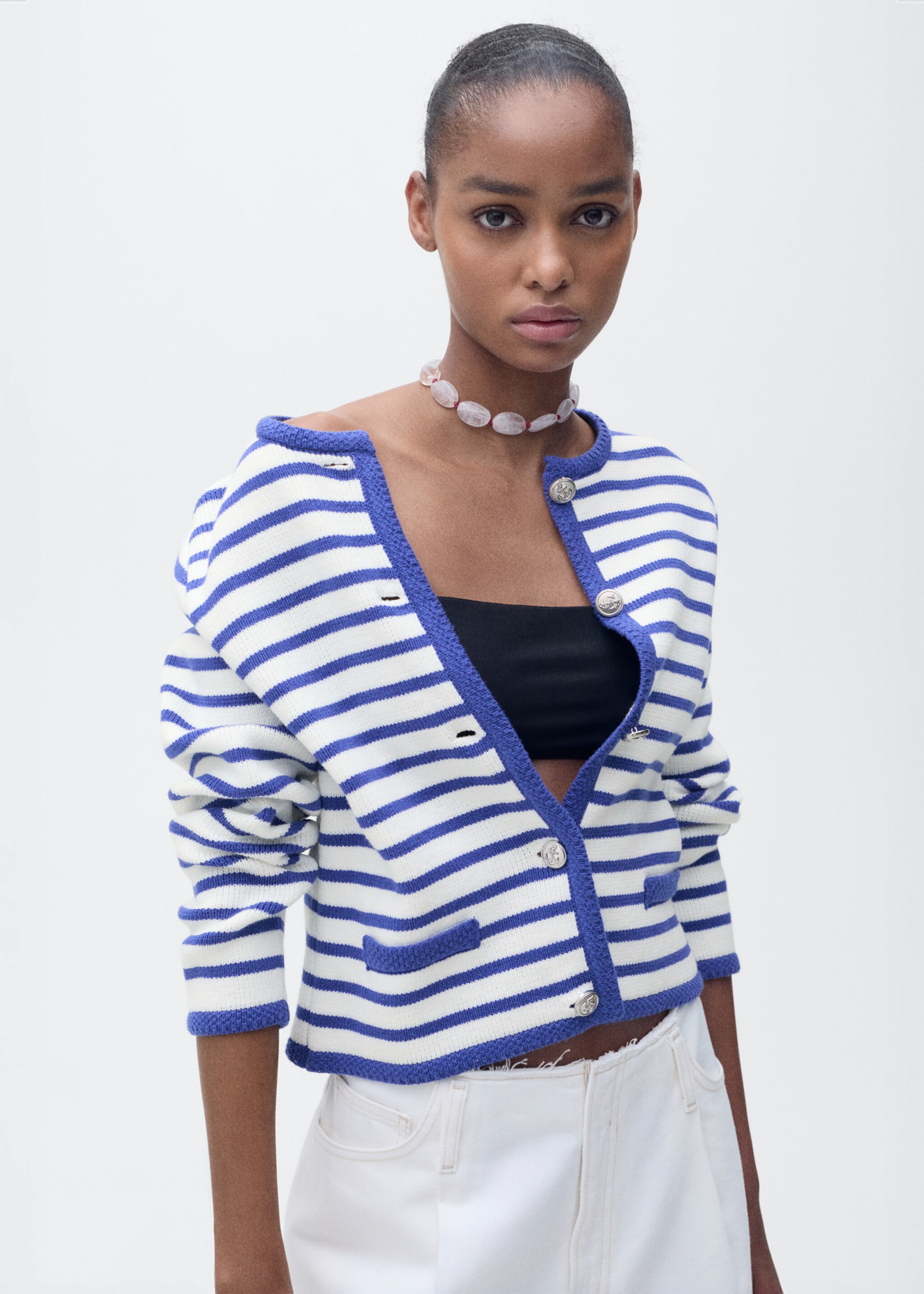 Stripped knit cardigan - Medium plane, Blue. Ref: 87077179-00.