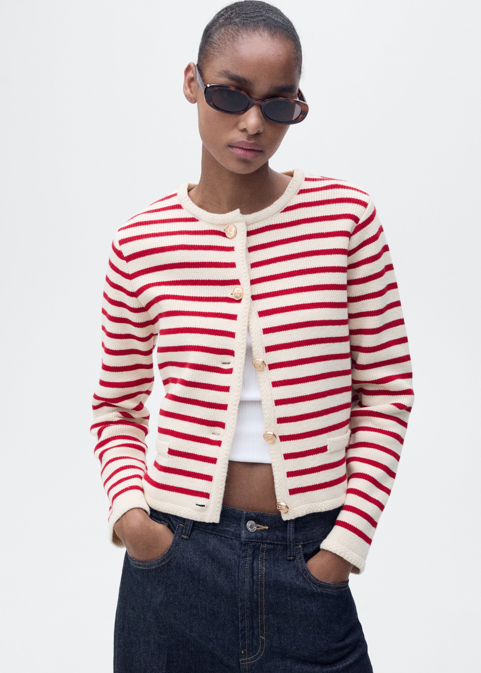 Stripped knit cardigan - Medium plane, Red. Ref: 87077179-00.
