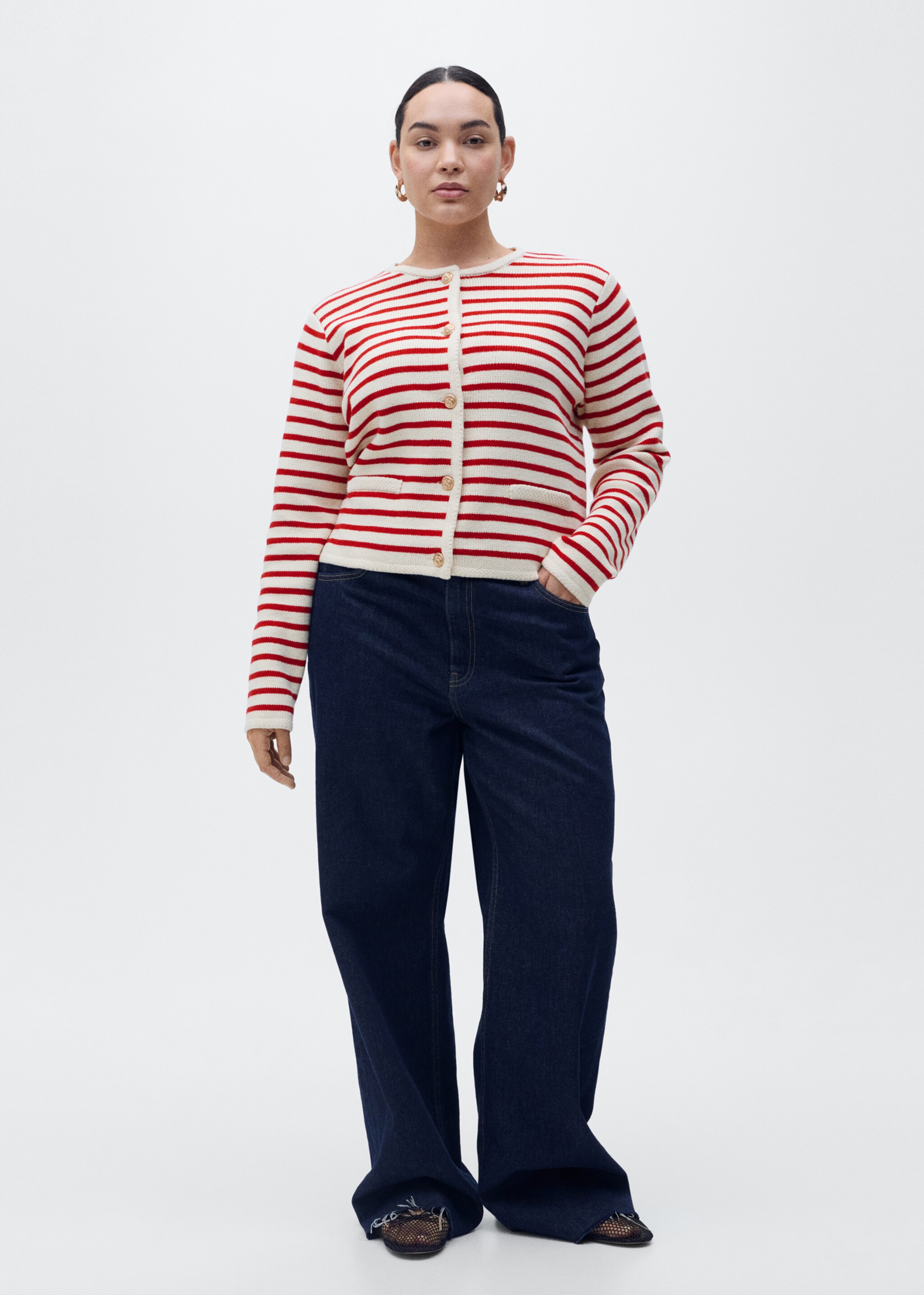 Stripped knit cardigan - Details of the article 3, Red. Ref: 87077179-00.