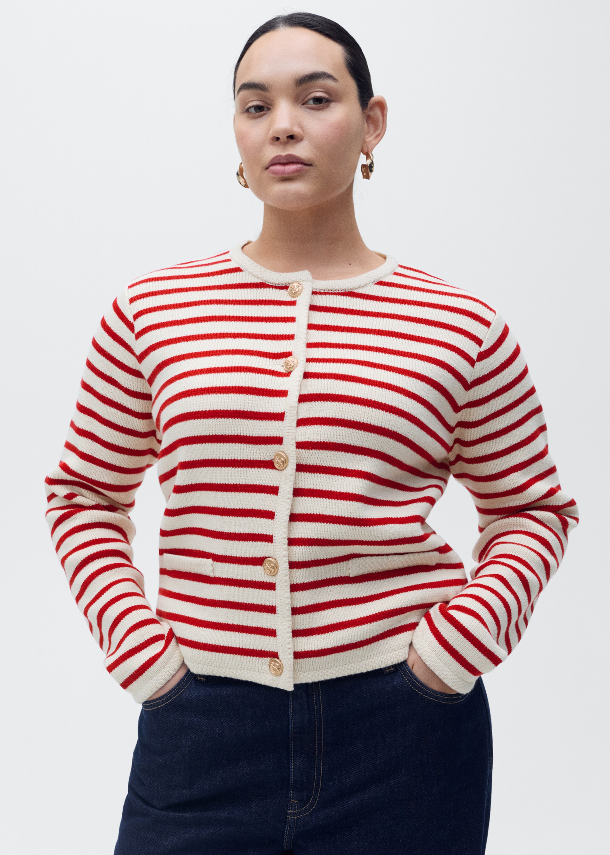 Stripped knit cardigan - Details of the article 5, Red. Ref: 87077179-00.