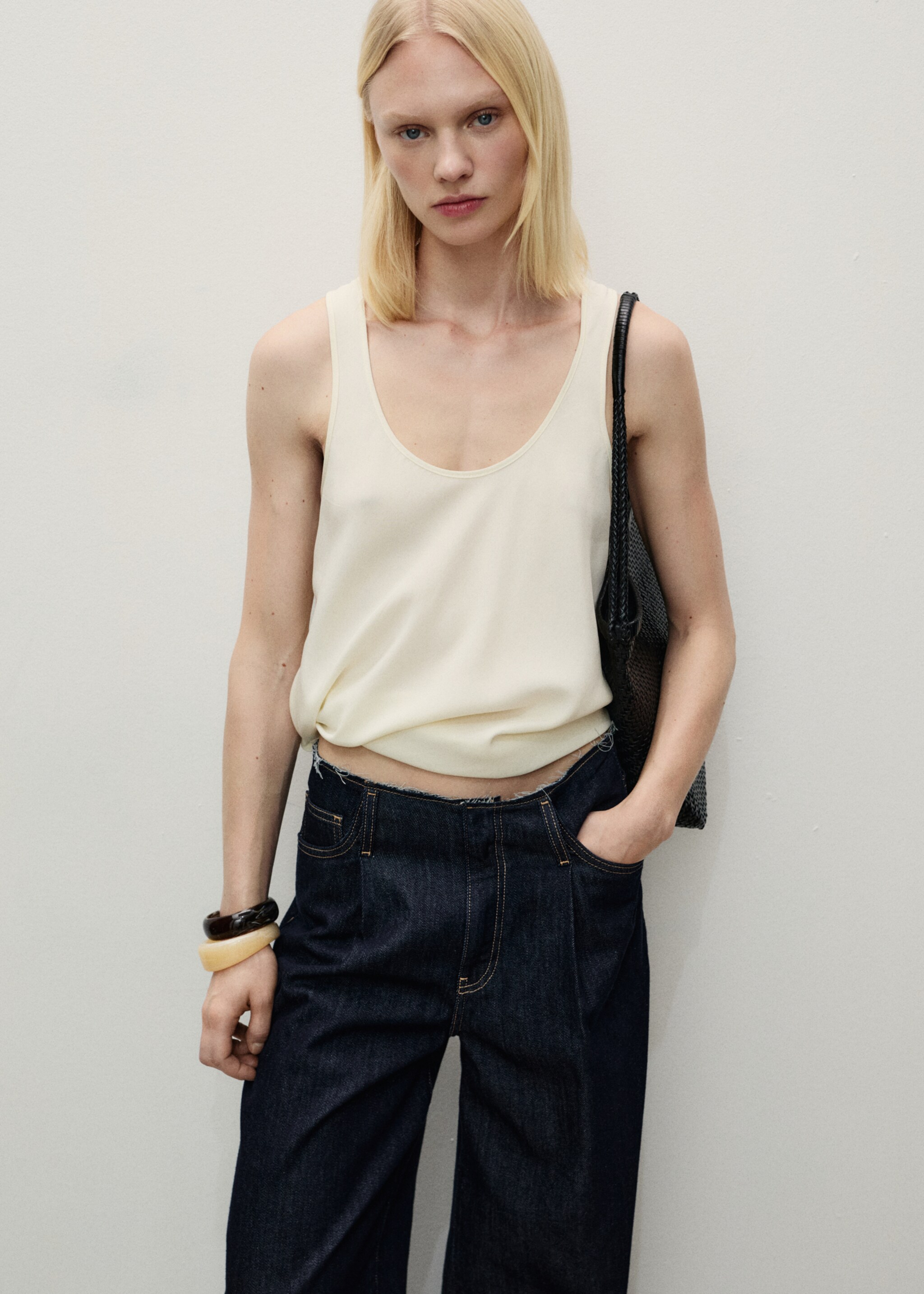 Wide leg denim trousers with frayed waist - Details of the article 1, Open Blue. Ref: 87077191-00.