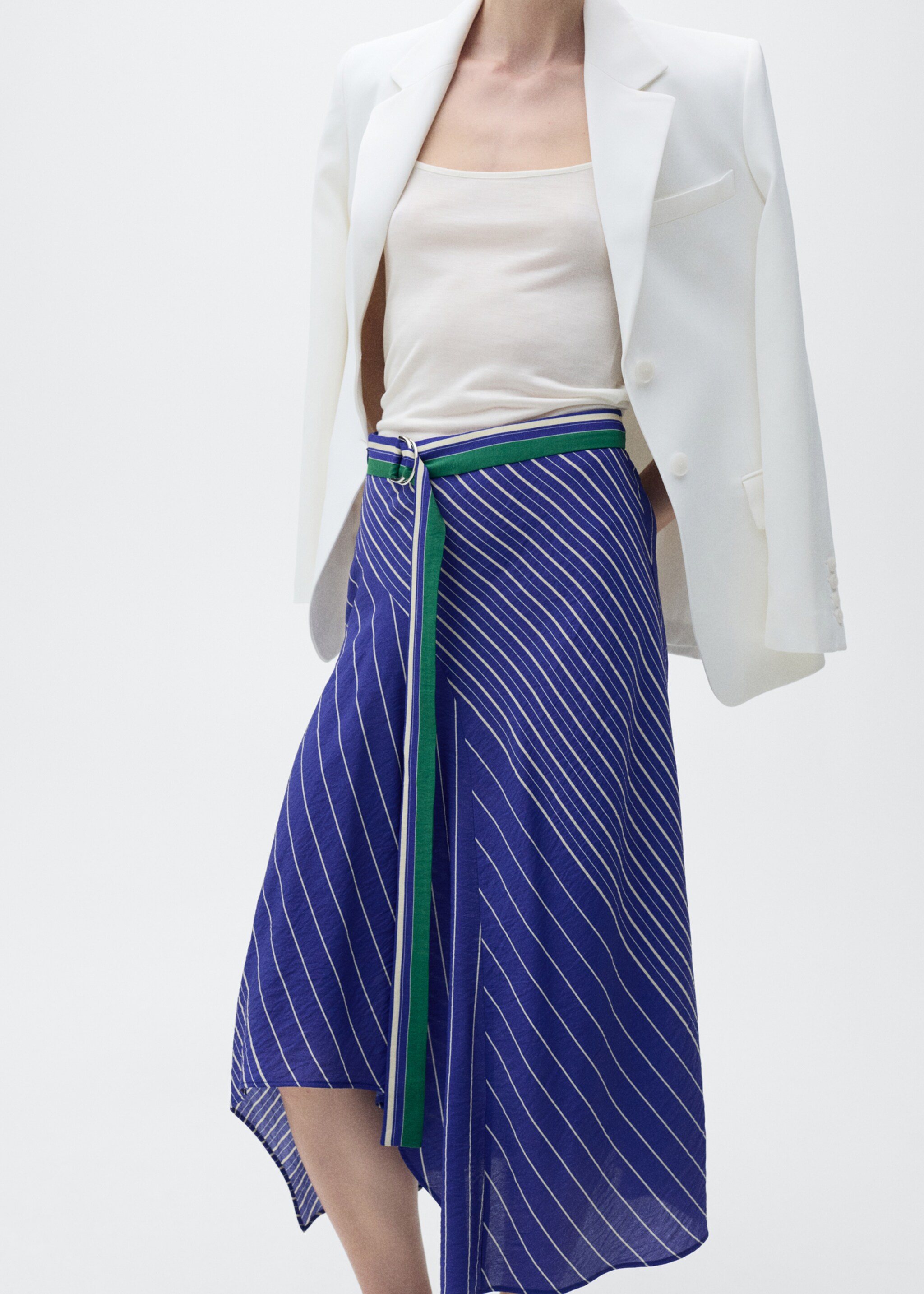 Striped midi-skirt with belt - Details of the article 6, Blue. Ref: 87077193-00.