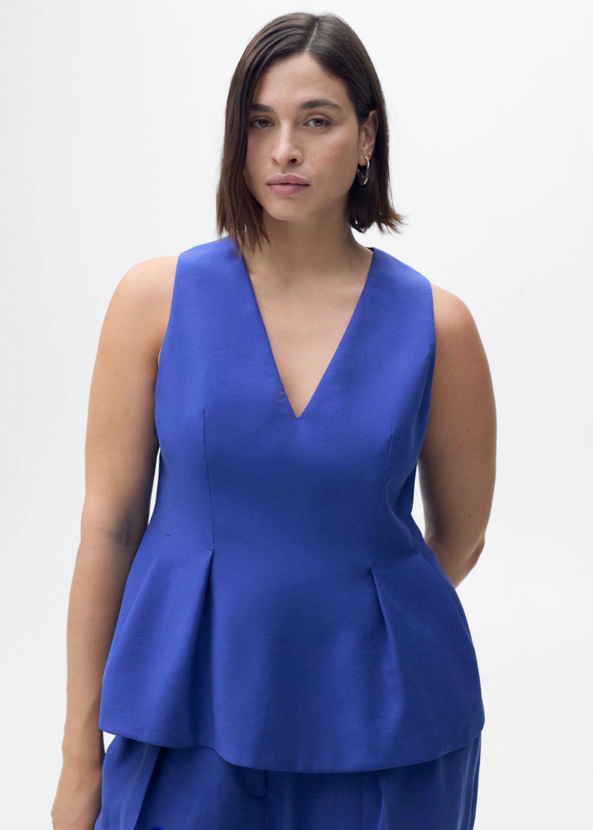 Modal V-neck top - Details of the article 5, Blue. Ref: 87077194-00.