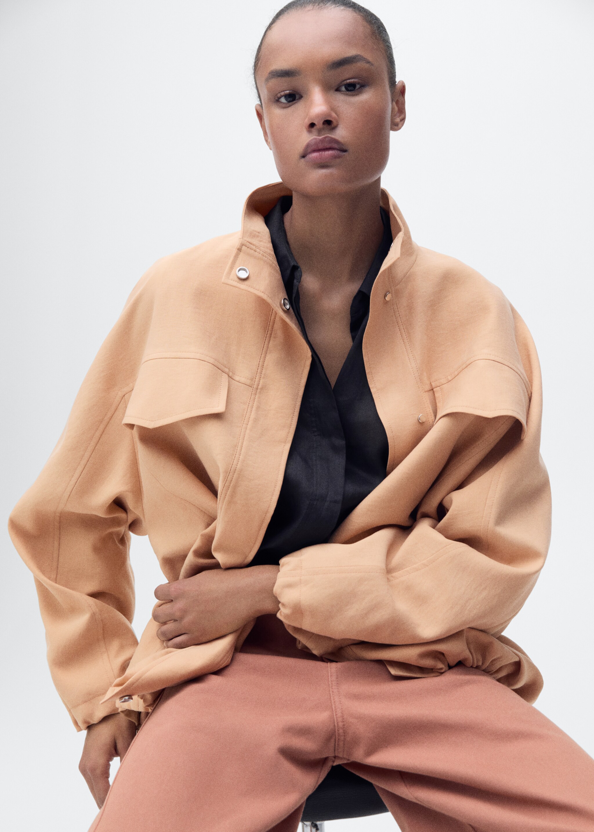 Oversized lyocell jacket with pockets - Details of the article 1, Nude. Ref: 87077719-00.