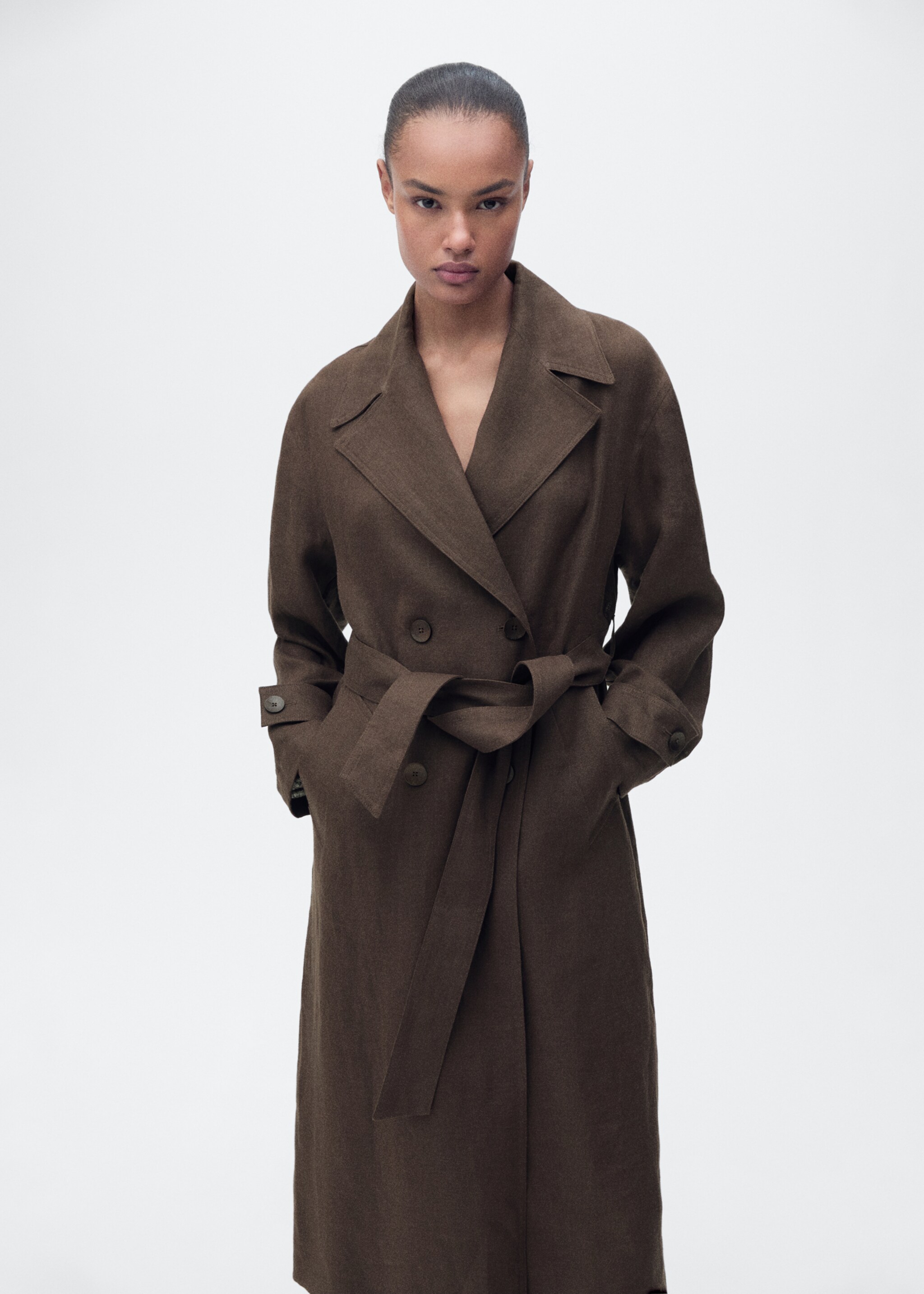 Double breasted linen trench - Medium plane, Brown. Ref: 87077888-00.