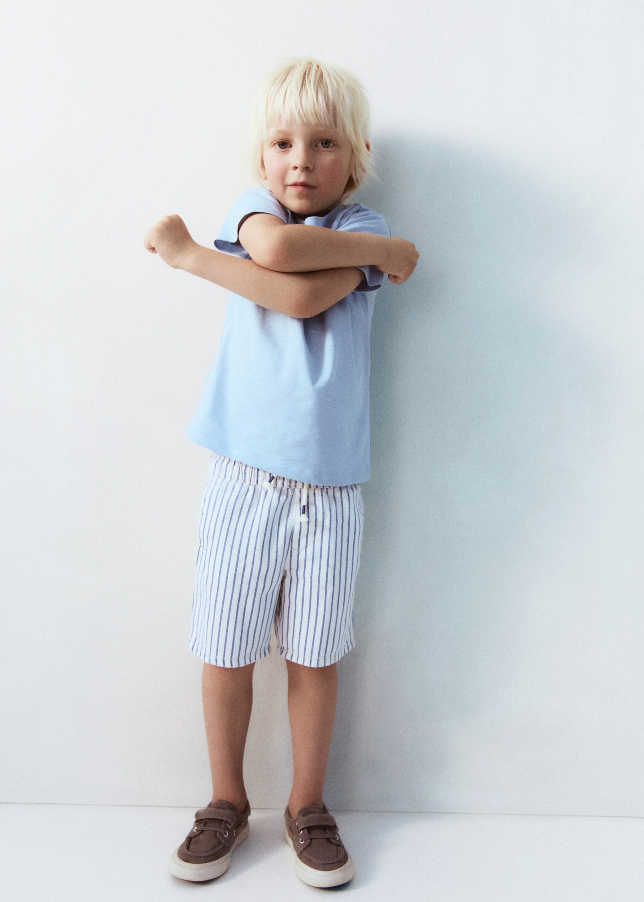 Striped bermuda shorts with drawstring - Details of the article 5, Medium Blue. Ref: 87078265-00.