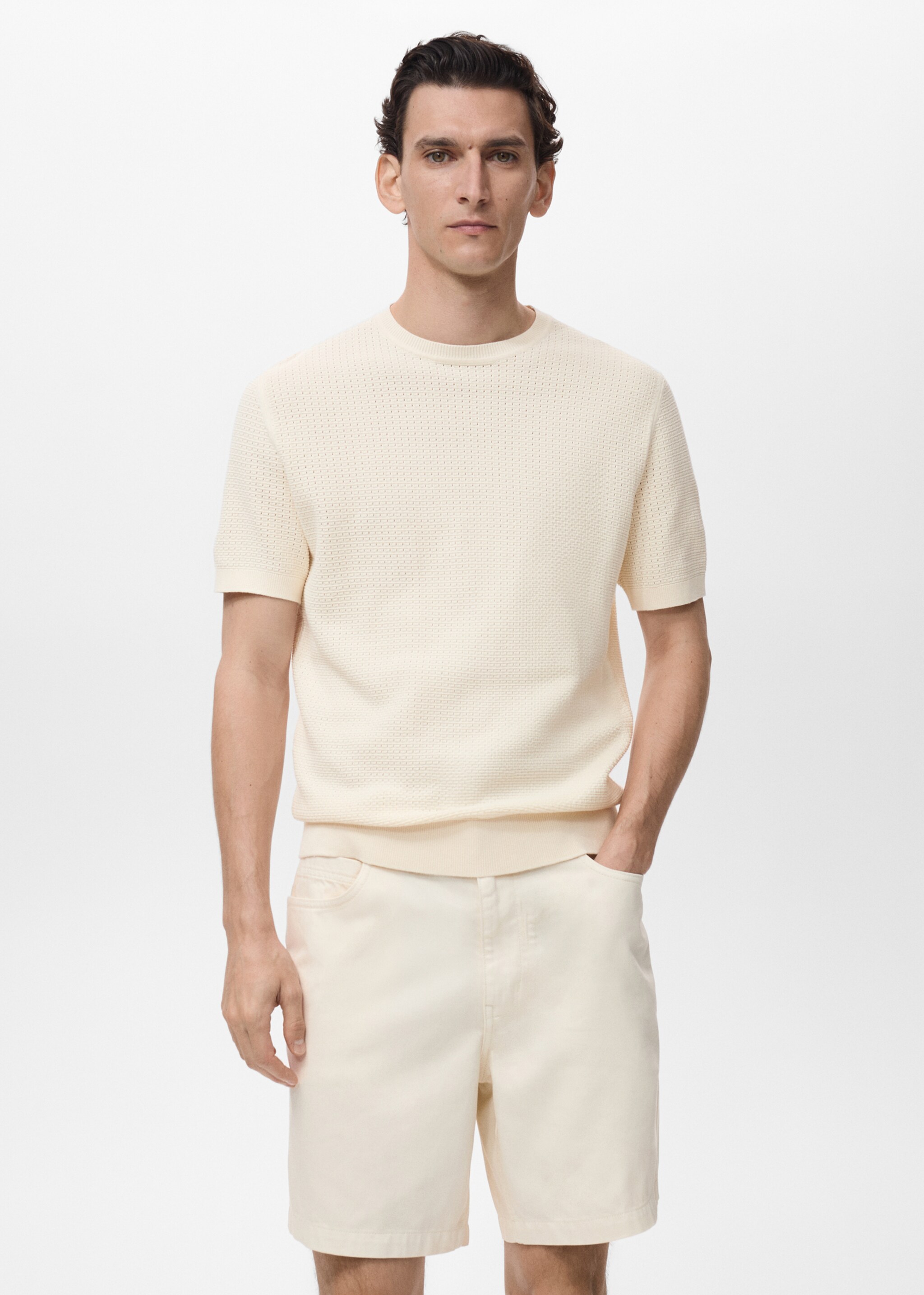 Openwork knitted cotton t-shirt - Medium plane, Ivory White. Ref: 87079211-00.