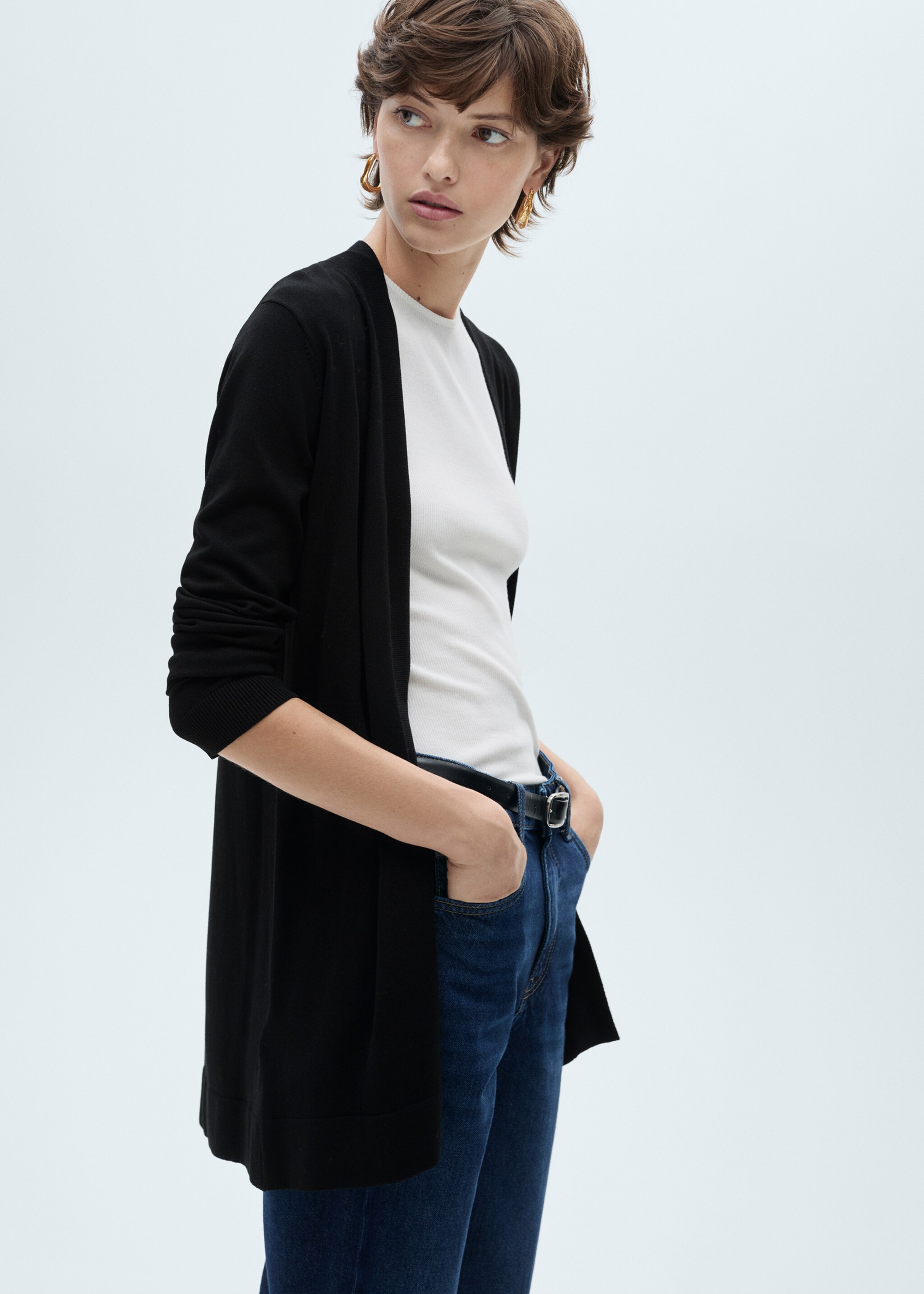 Cardigan maille fine - Plan moyen, Noir. Ref: 87080437-00.