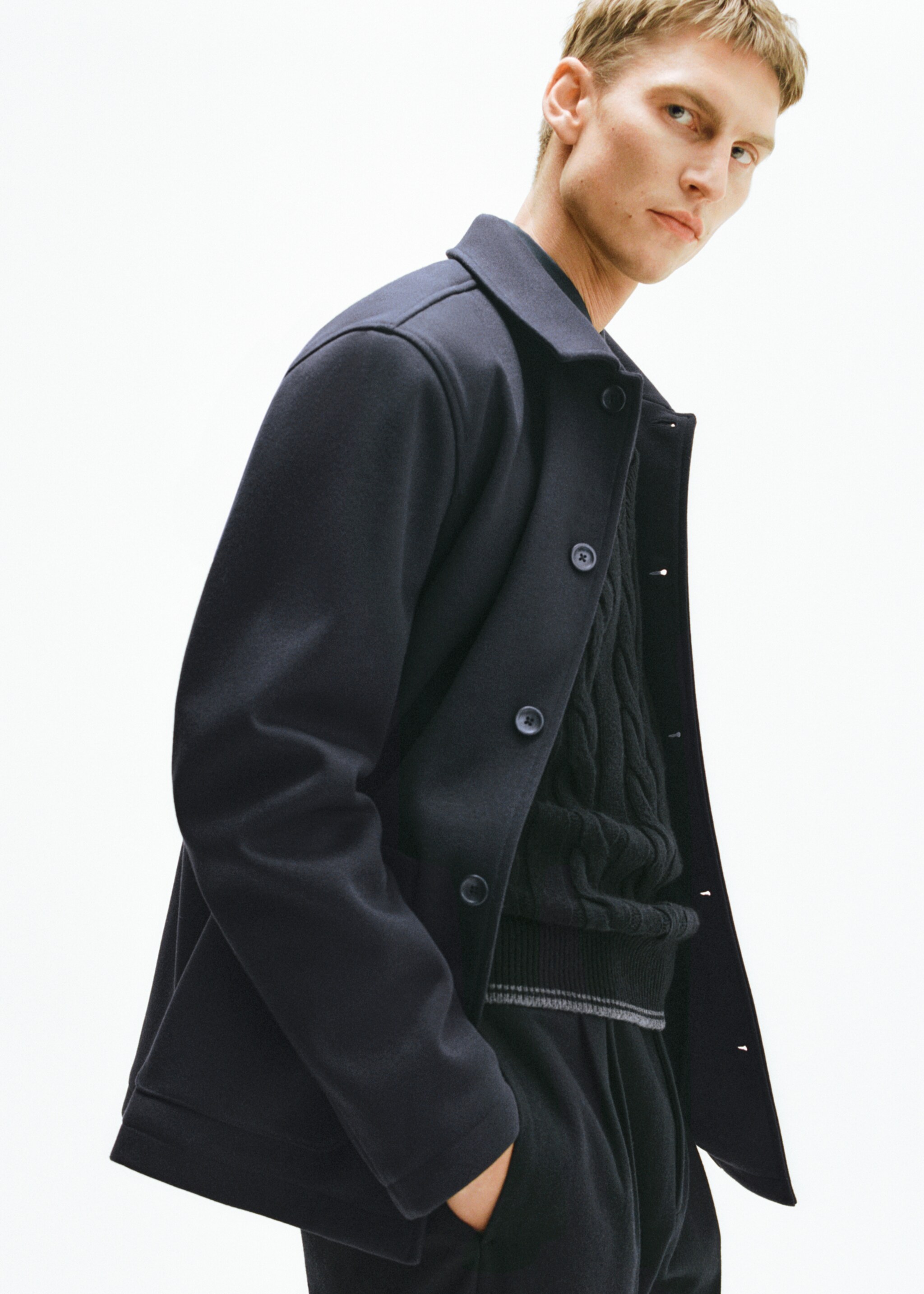 Regular-fit overshirt with pocket - Details of the article 3, Dark Navy. Ref: 87080594-00.