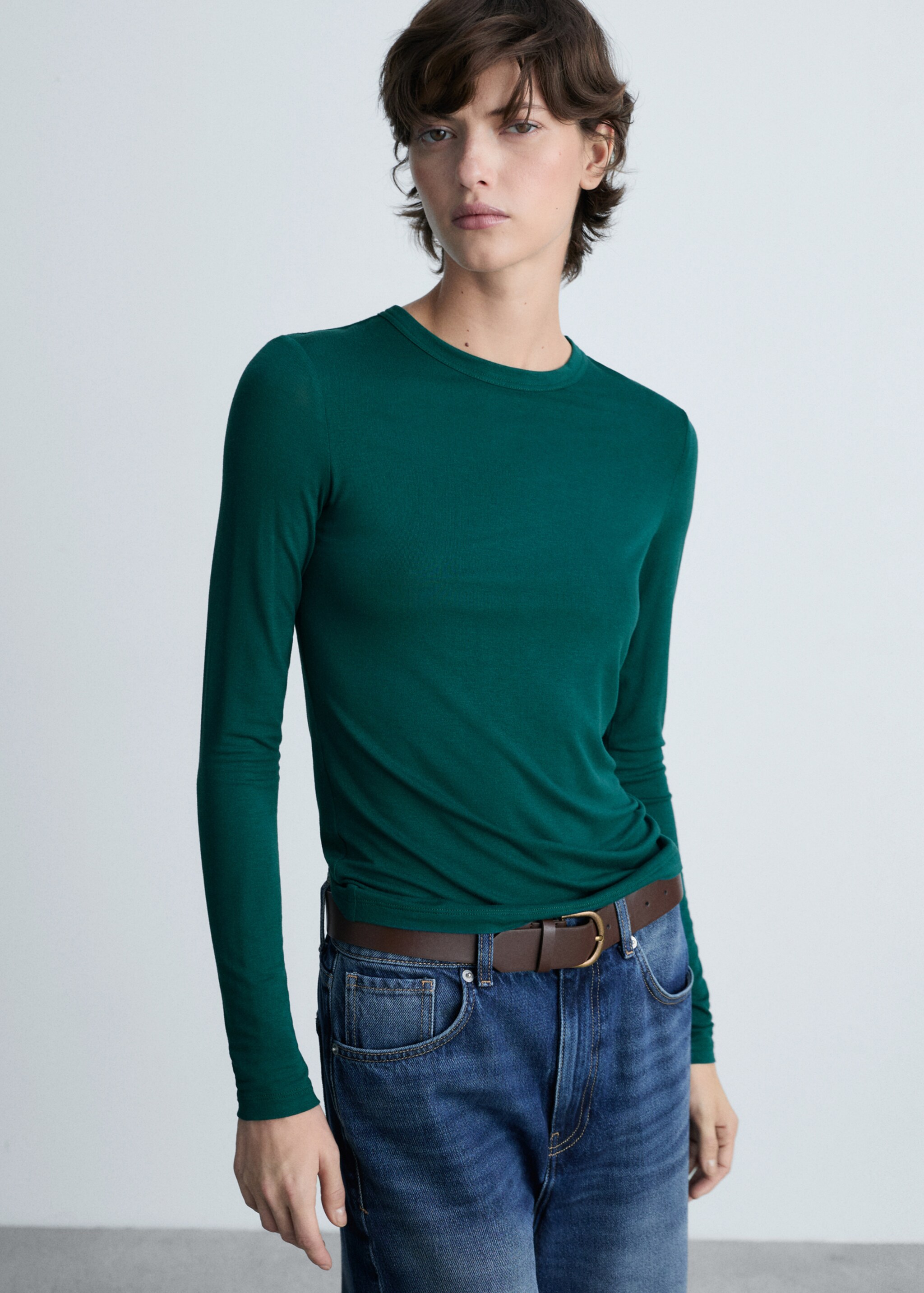 Round-neck long-sleeved t-shirt - Medium plane, Dark Green. Ref: 87080619-00.