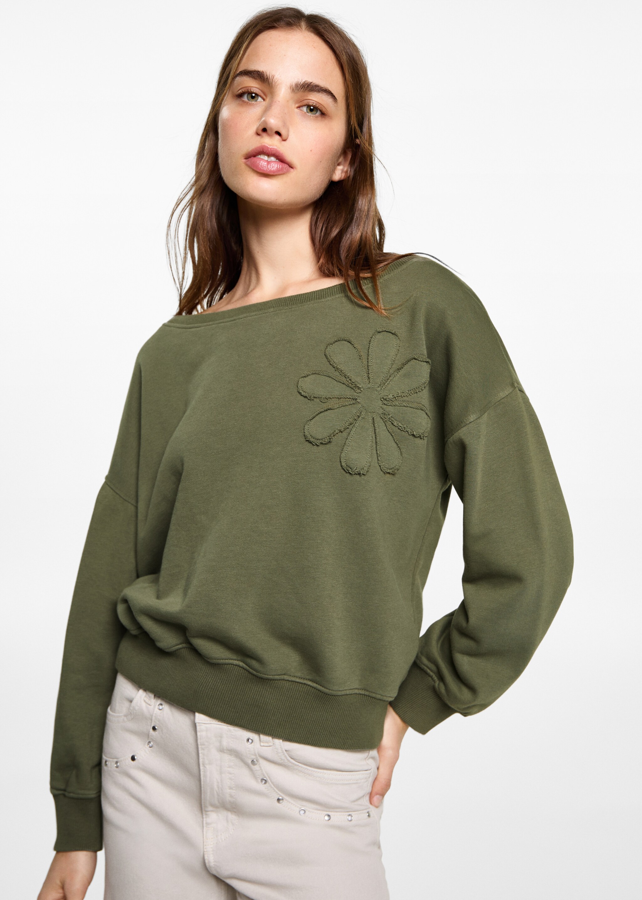 Sweat-shirt broderie florale - Plan moyen, Kaki. Ref: 87081513-00.