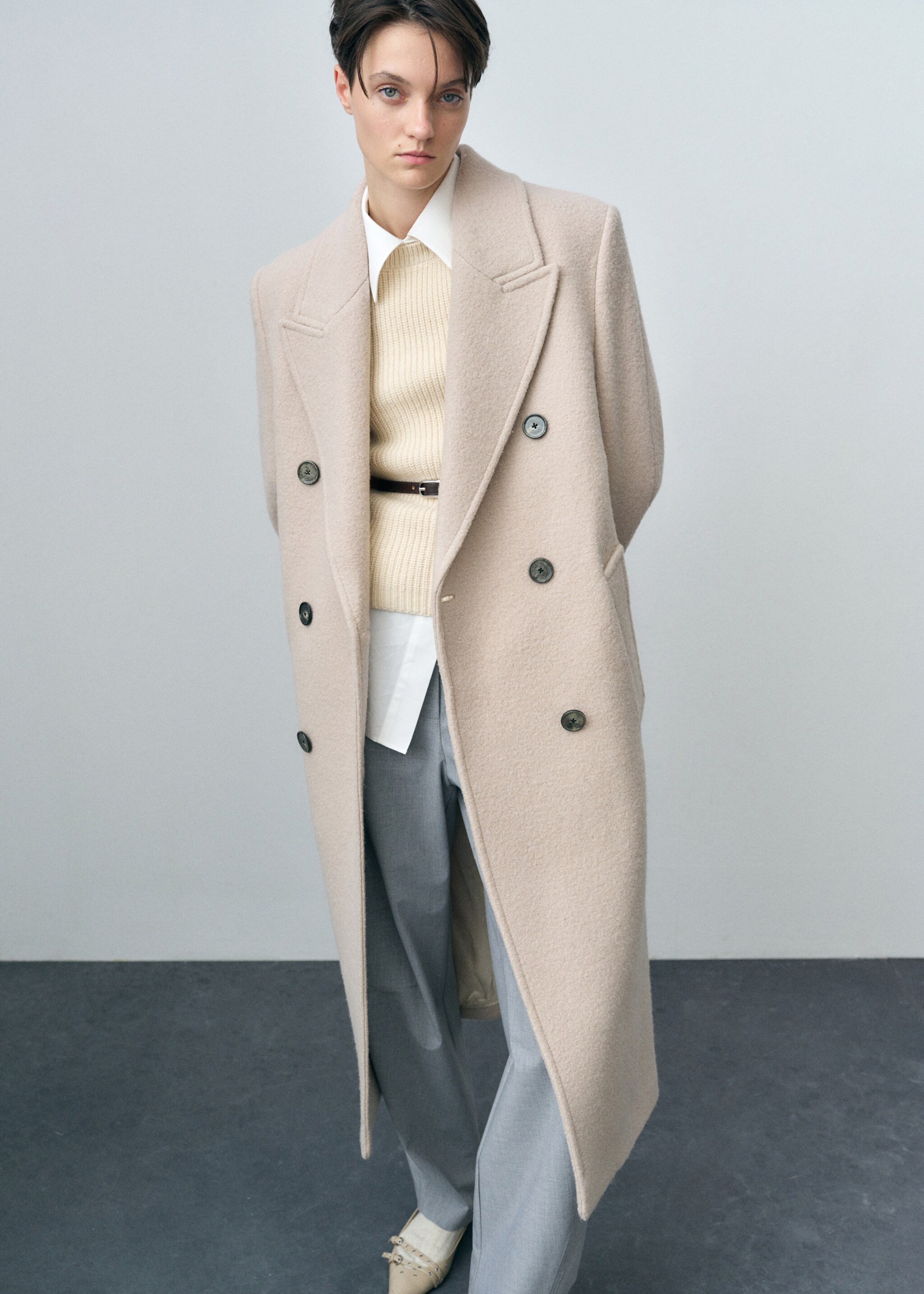Structured virgin wool coat - Medium plane, Light/Pastel Grey. Ref: 87082544-00.