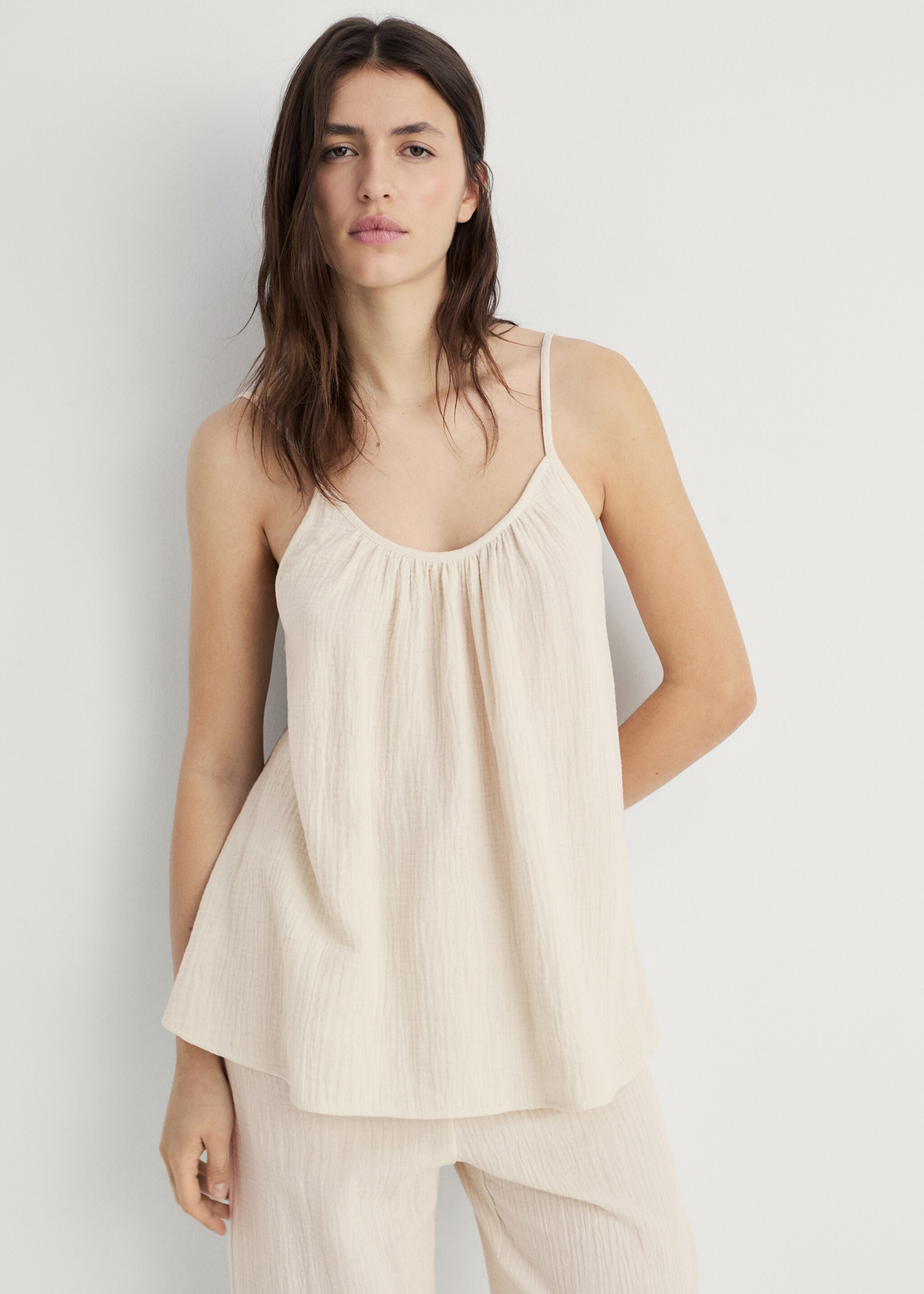 Plain cotton spaghetti-strap pyjama top - Medium plane, Beige. Ref: 87082891-00.
