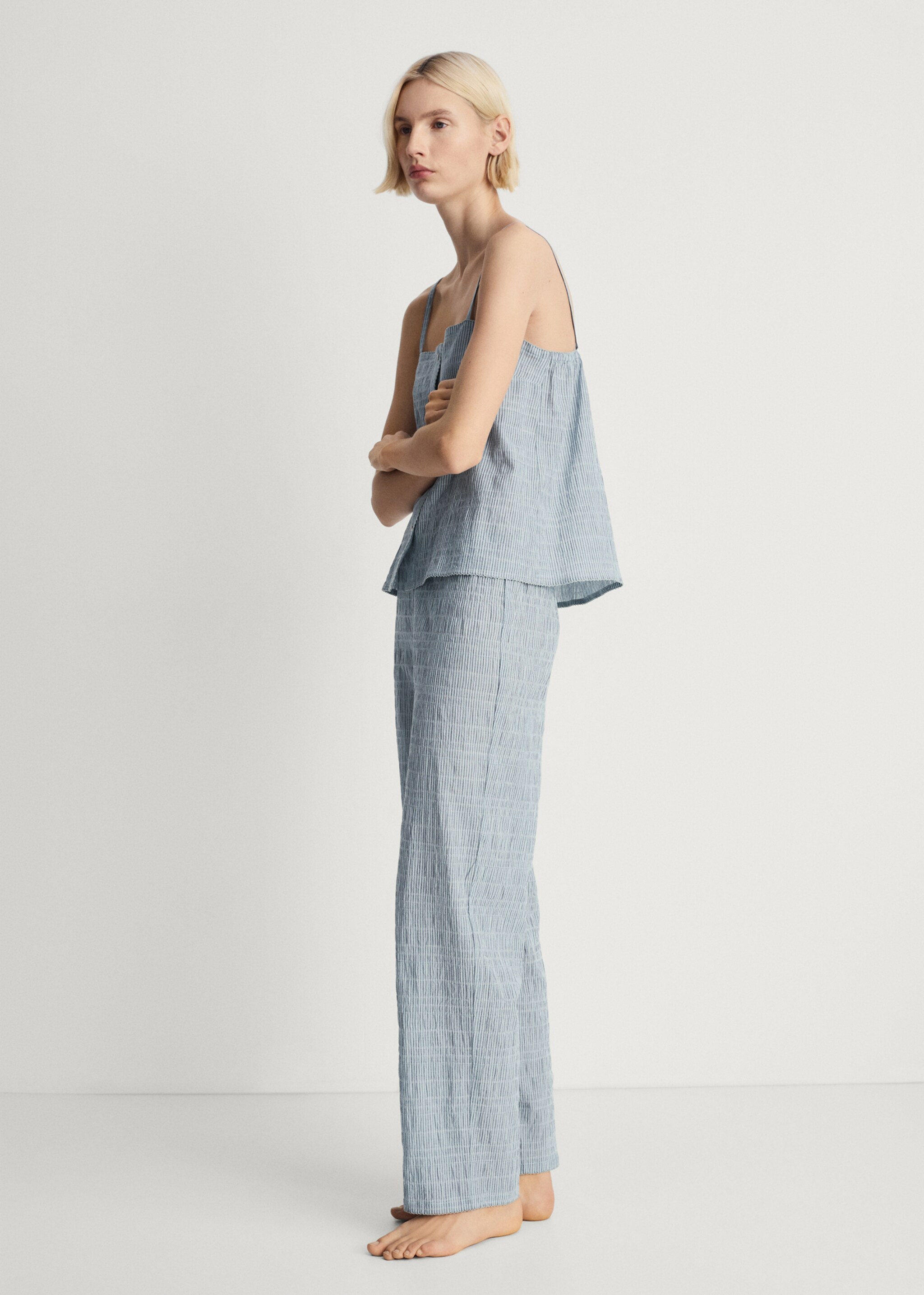 Cotton striped woven seersucker trousers - Details of the article 6, Mint Green. Ref: 87082899-00.
