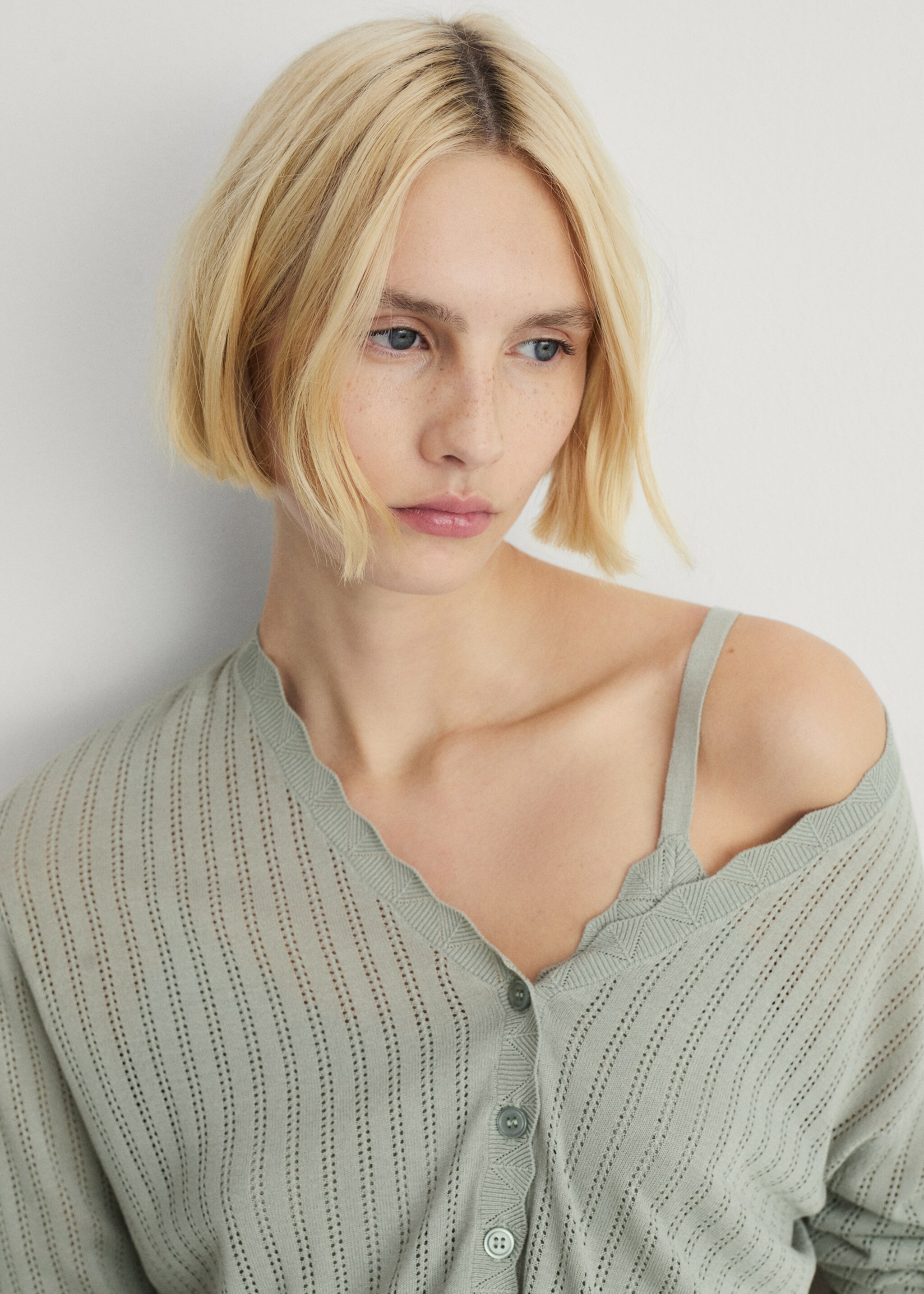 Pyjama cardigan with openwork detail - Details of the article 1, Aqua Green. Ref: 87082911-00.