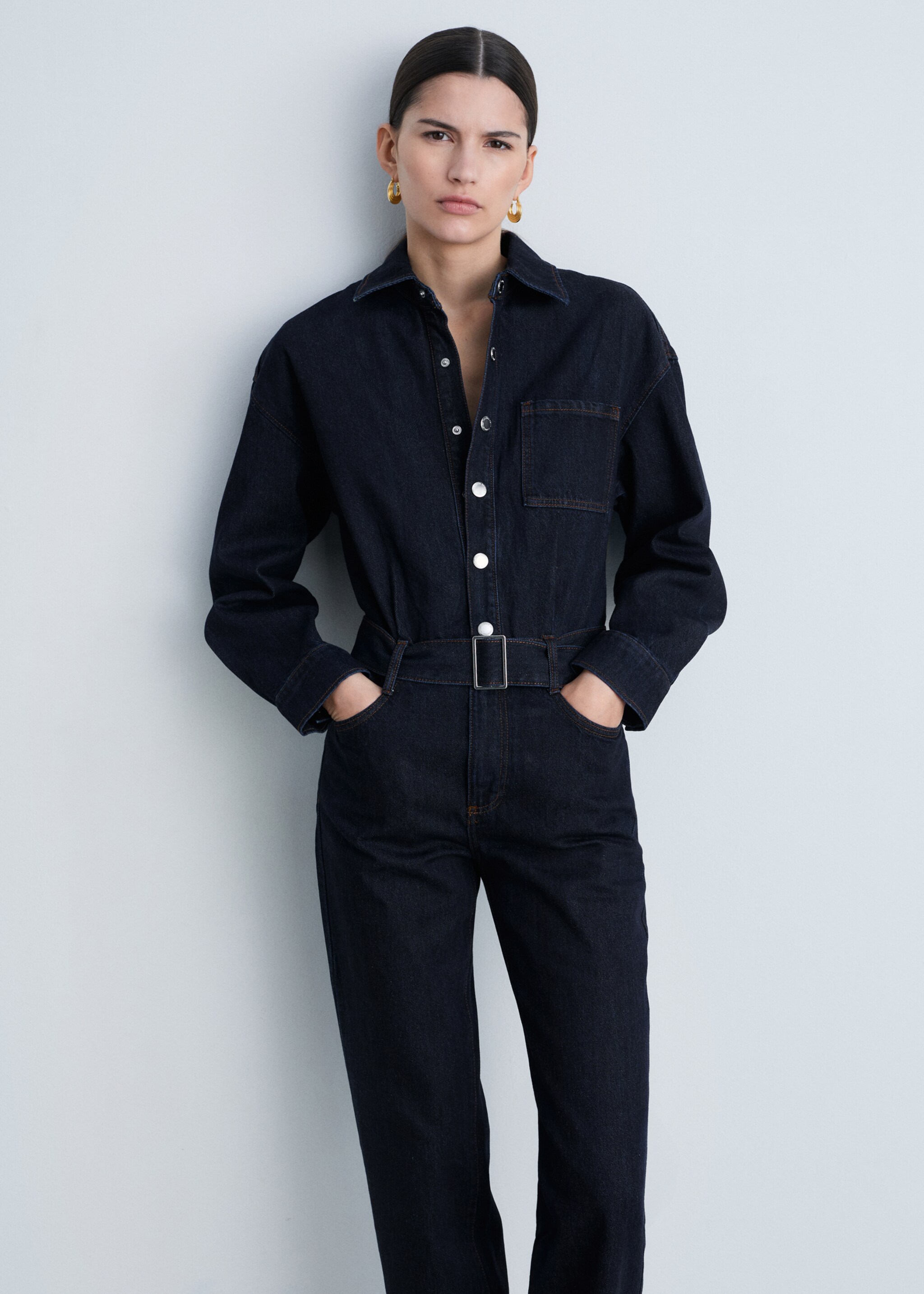 Rinse-wash denim jumpsuit with belt - Medium plane, Open Blue. Ref: 87083273-00.