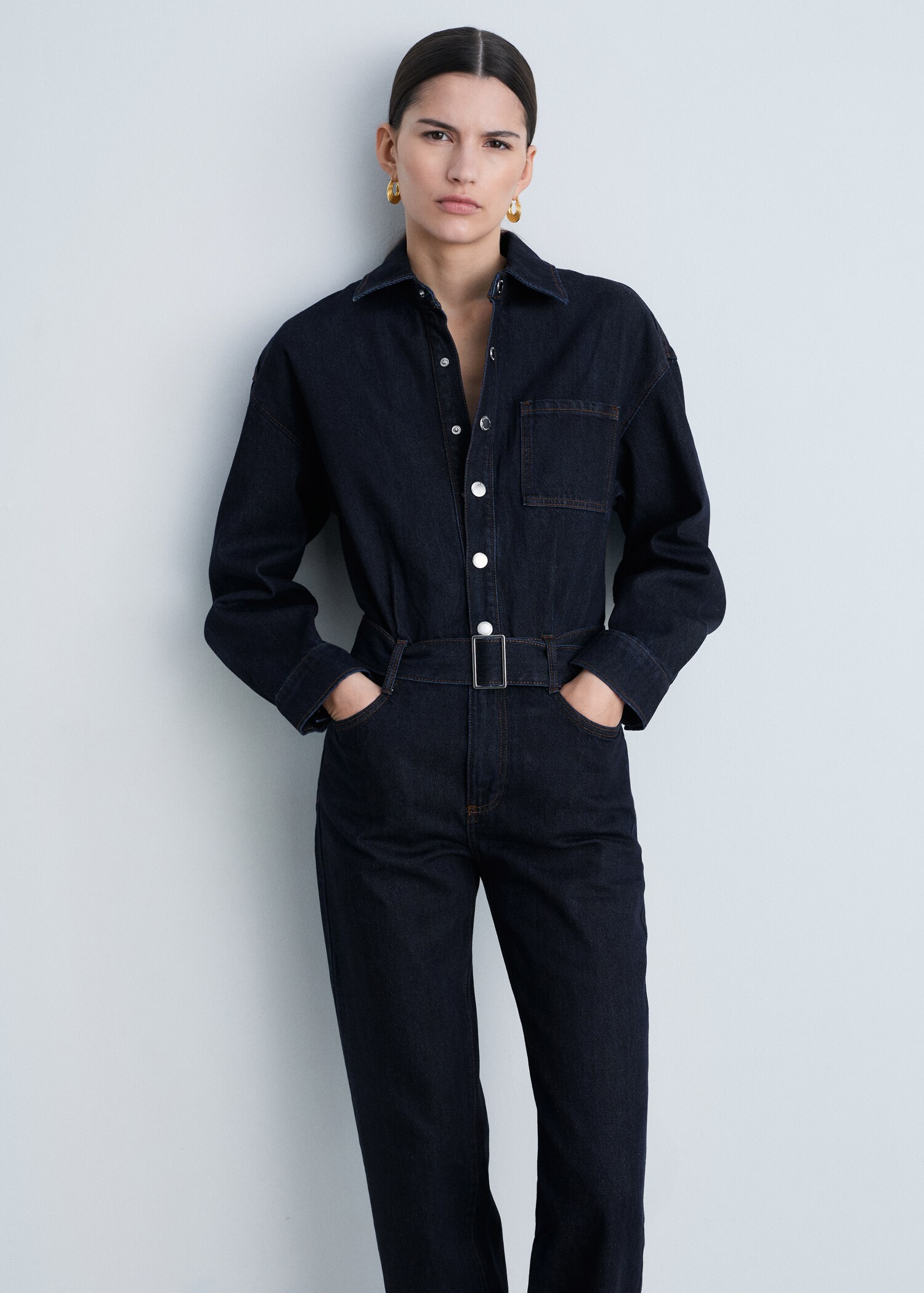 Rinse-wash denim jumpsuit with belt - Medium plane