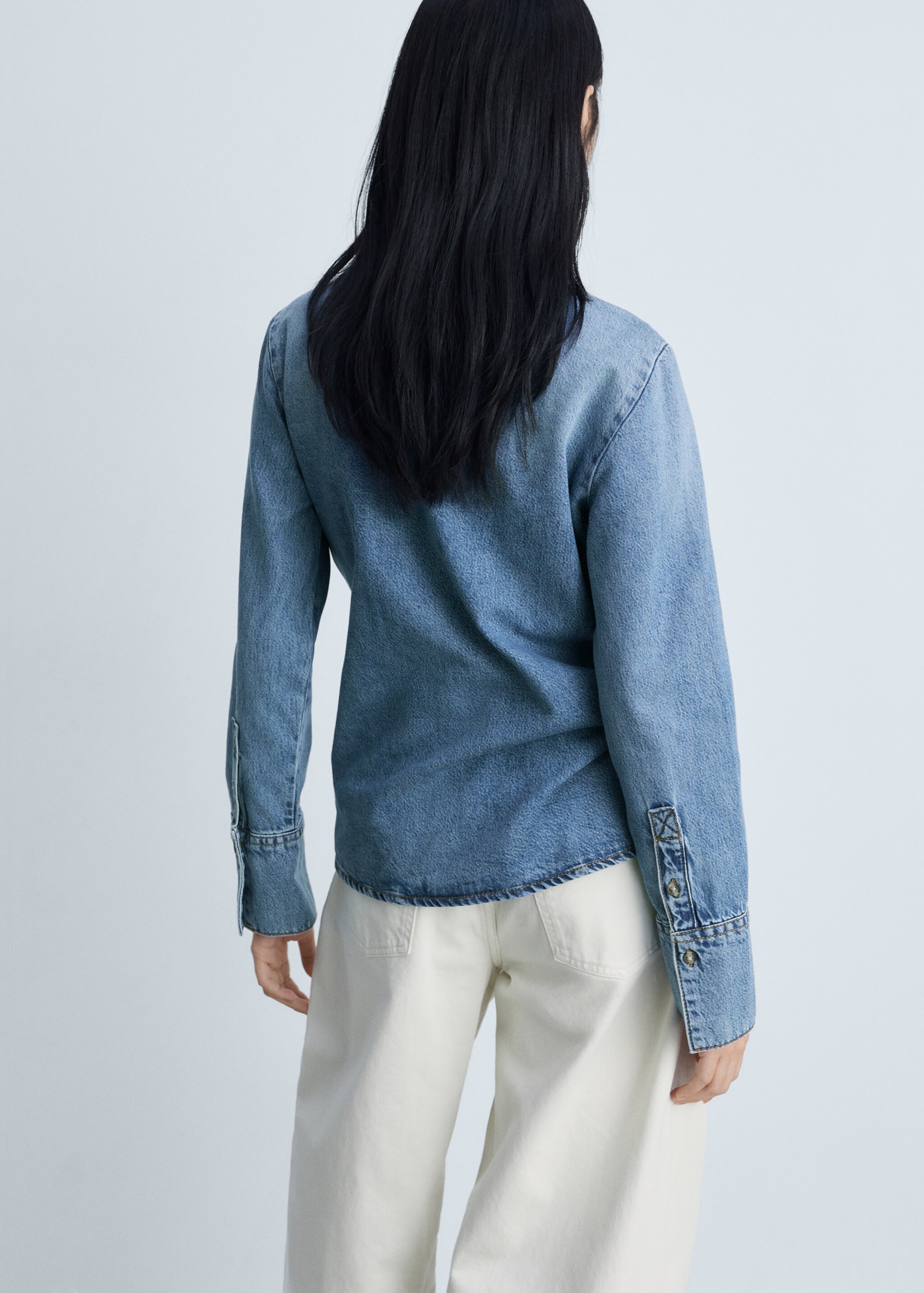 Denim shirt with bow - Reverse of the article, Medium Blue. Ref: 87083275-00.