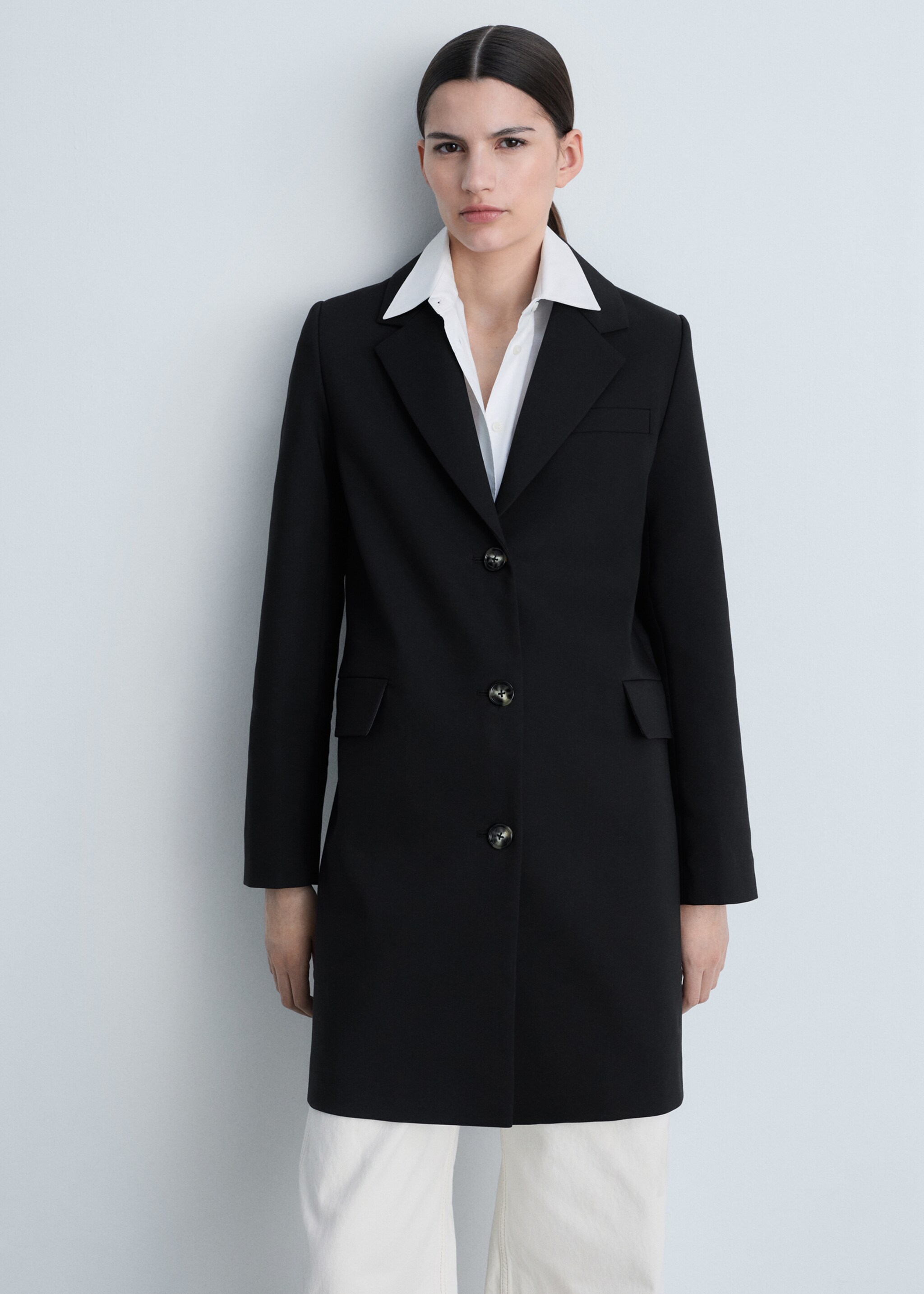 Cotton midi-coat with buttons - Medium plane, Black. Ref: 87084062-00.