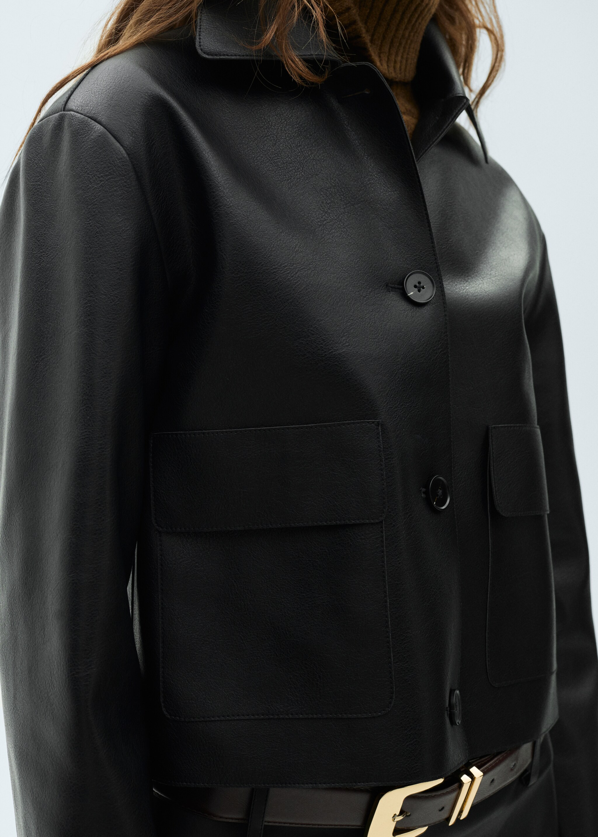 Faux-leather jacket with pockets - Medium plane, Black. Ref: 87084073-00.
