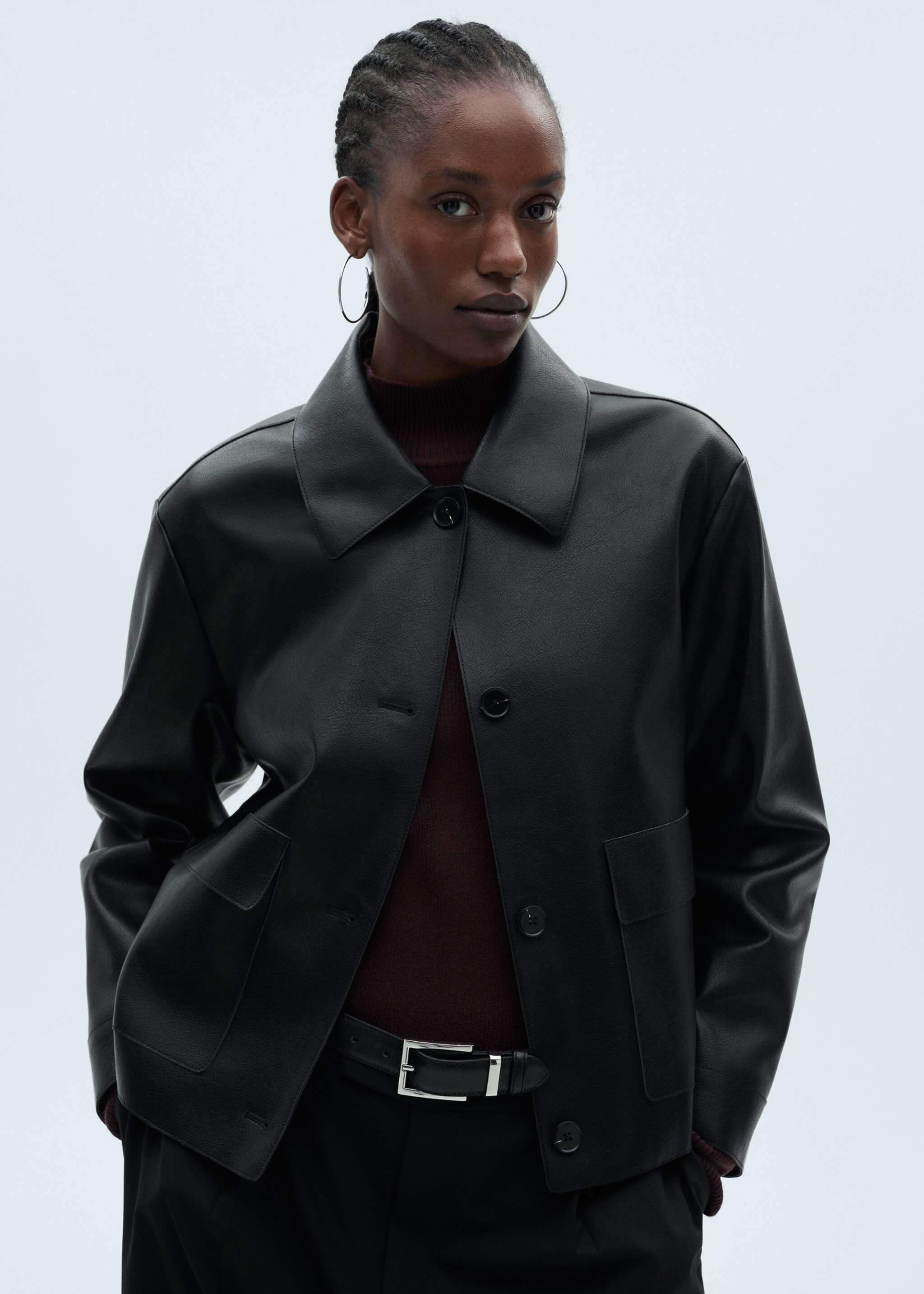 Faux-leather jacket with pockets - Details of the article 5, Black. Ref: 87084073-00.