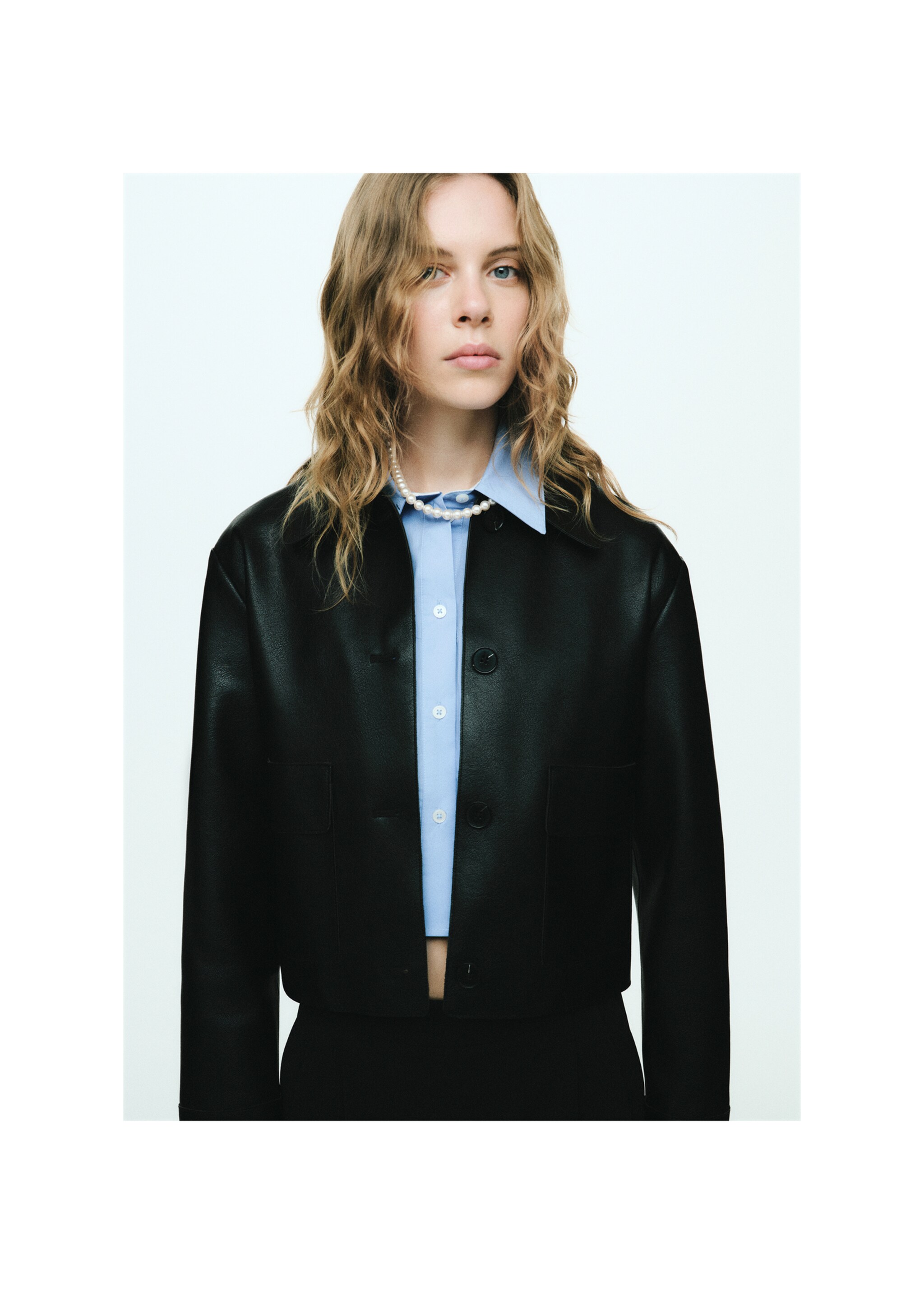 Faux-leather jacket with pockets - Details of the article 7, Black. Ref: 87084073-00.