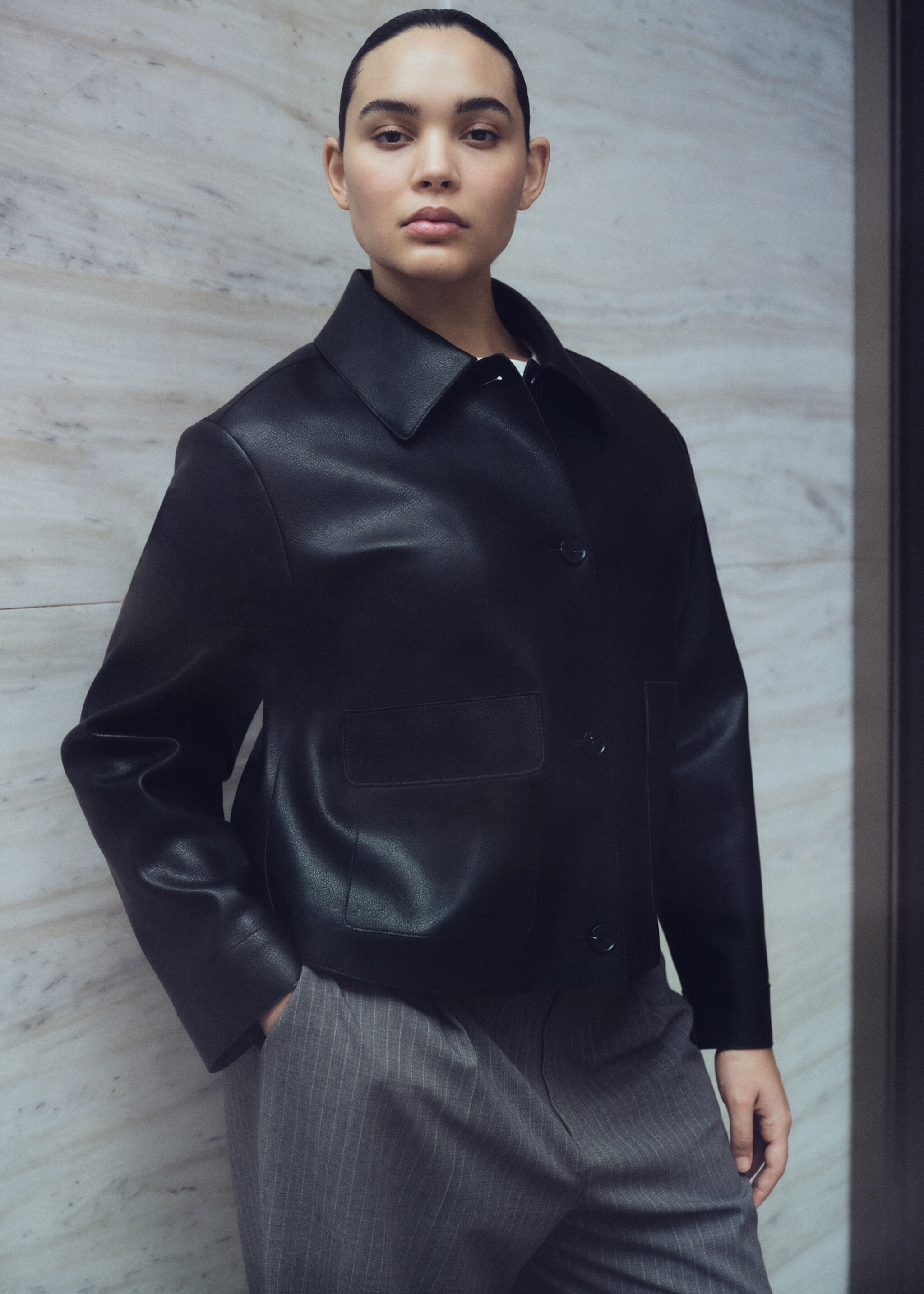 Faux-leather jacket with pockets - Details of the article 9, Black. Ref: 87084073-00.