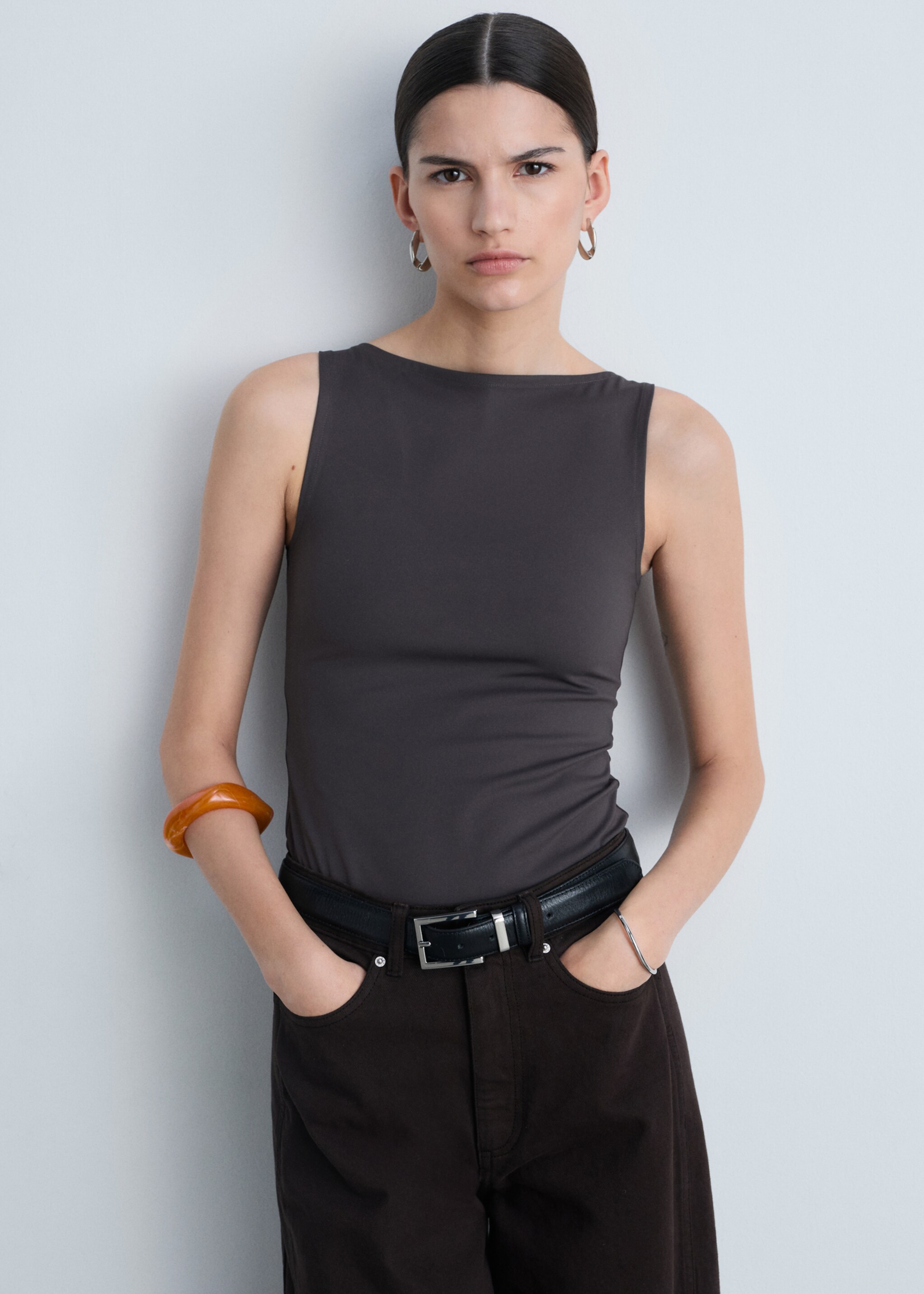 Boat neck strapless top - Medium plane, Grey. Ref: 87085746-00.
