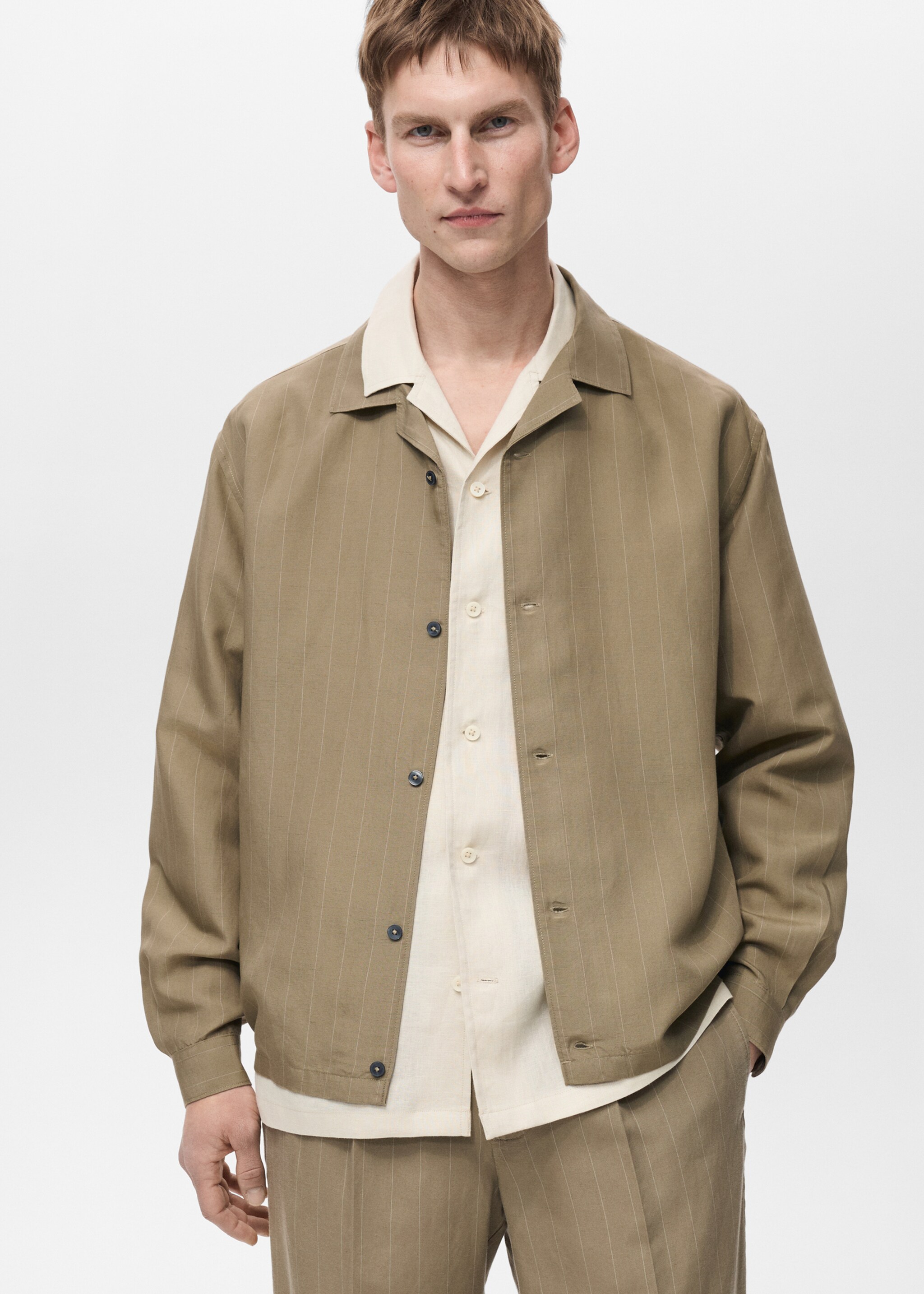 Linen-blend pinstripe overshirt - Medium plane, Khaki. Ref: 87085928-00.