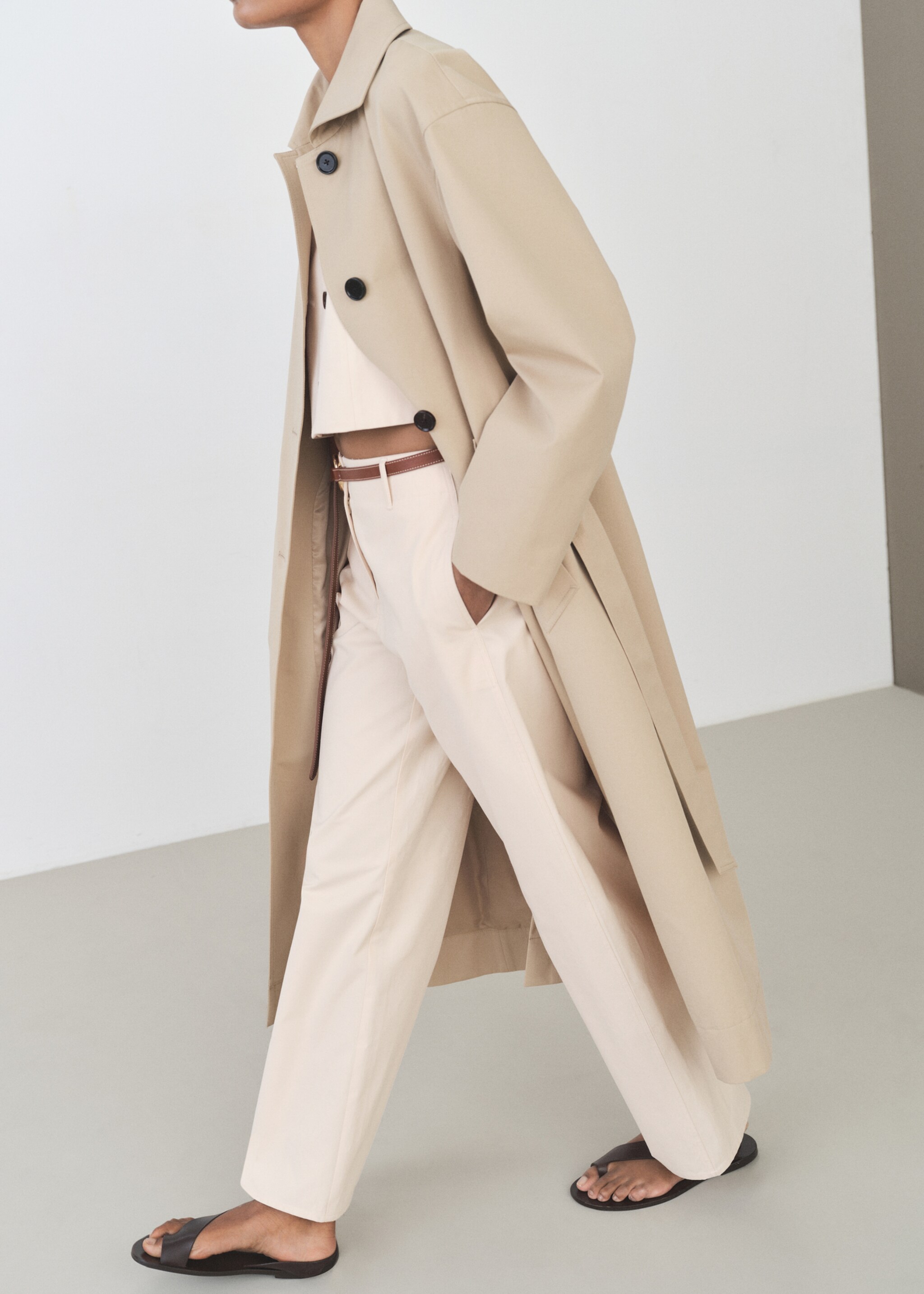 Pantalón algodón recto tiro medio - Detalle del artículo 2, Crudo. Ref: 87086359-00.