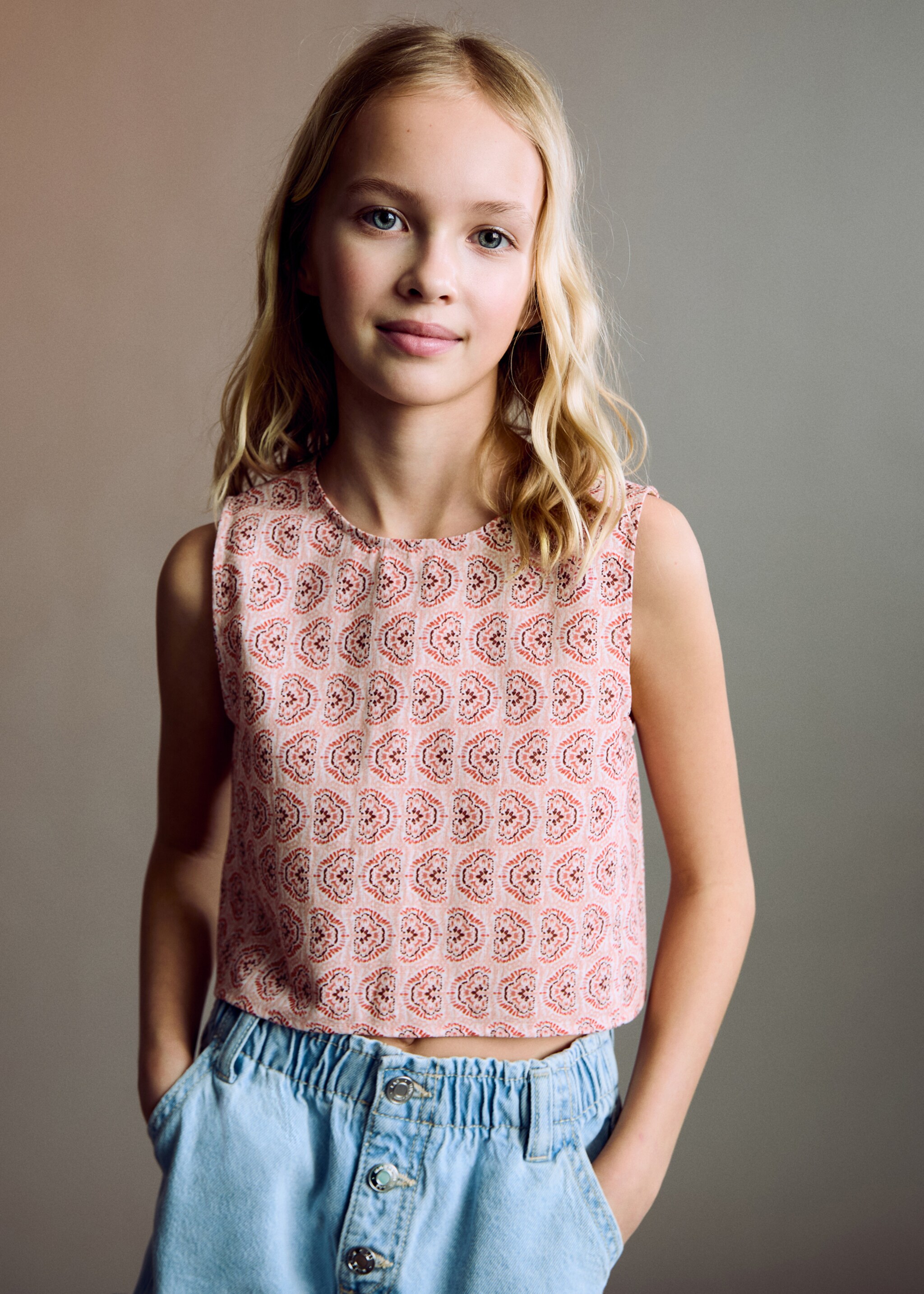 Blouse imprimée boutonnée - Plan moyen, Rose. Ref: 87086714-00.