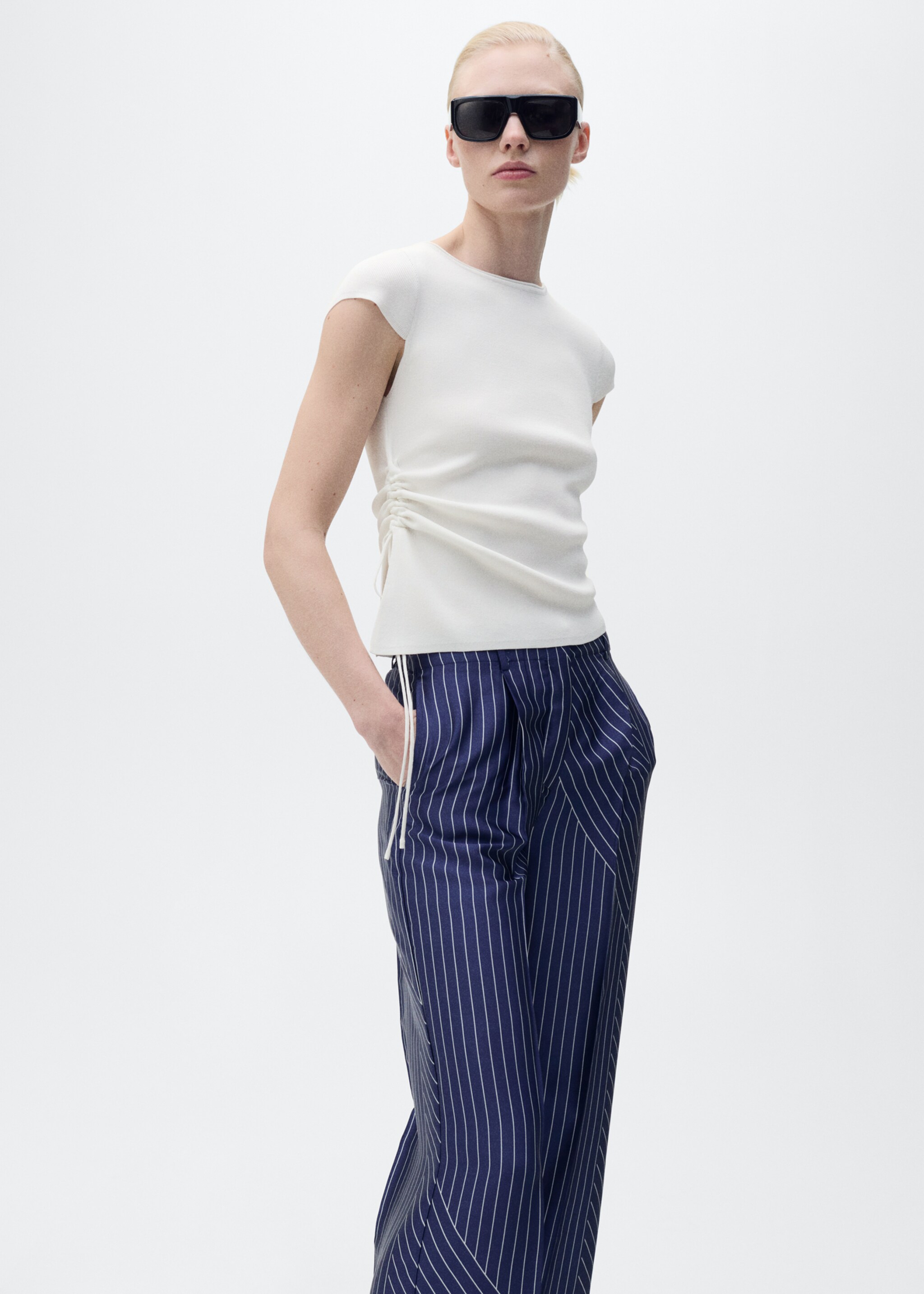 Satin trousers with combined stripes - Details of the article 2, Blue. Ref: 87087193-00.