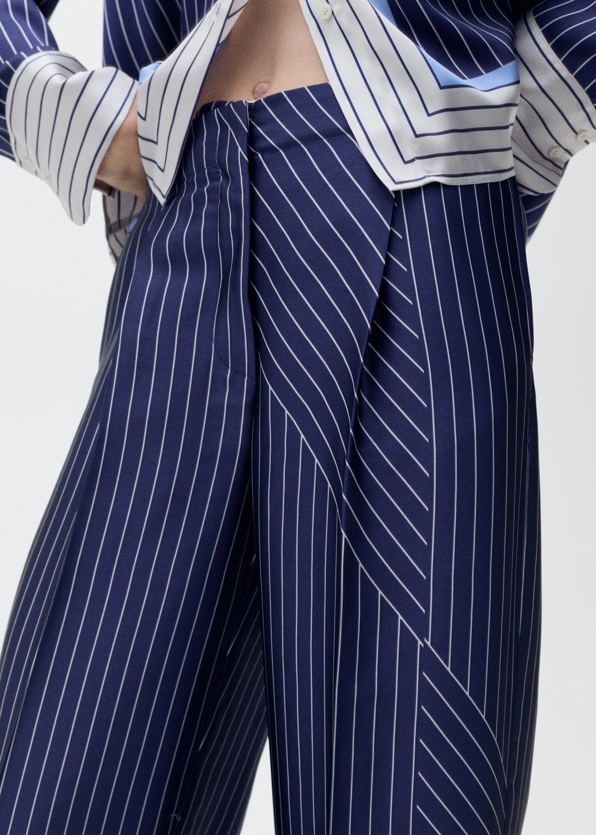 Satin trousers with combined stripes - Details of the article 6, Blue. Ref: 87087193-00.