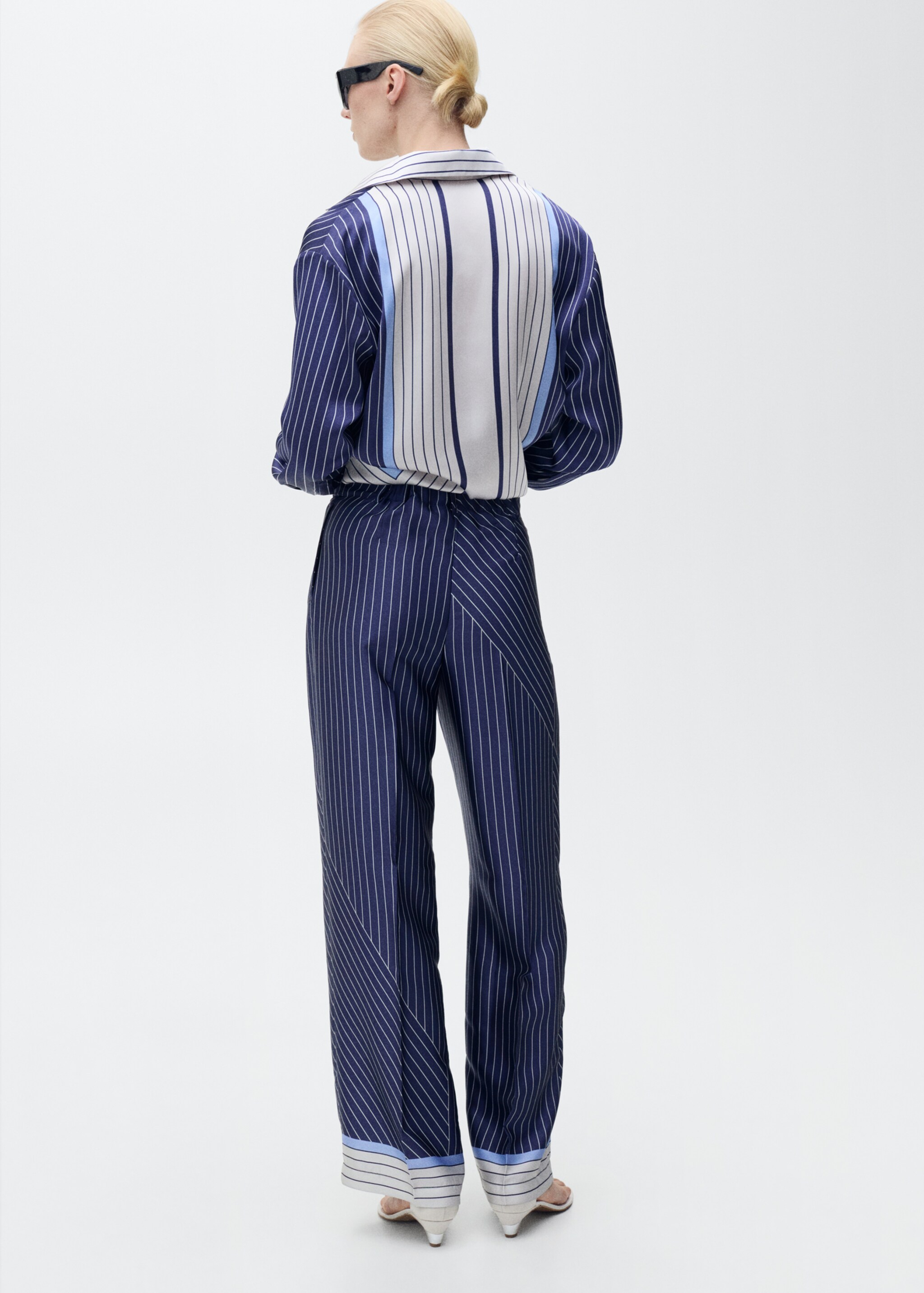 Satin trousers with combined stripes - Reverse of the article, Blue. Ref: 87087193-00.