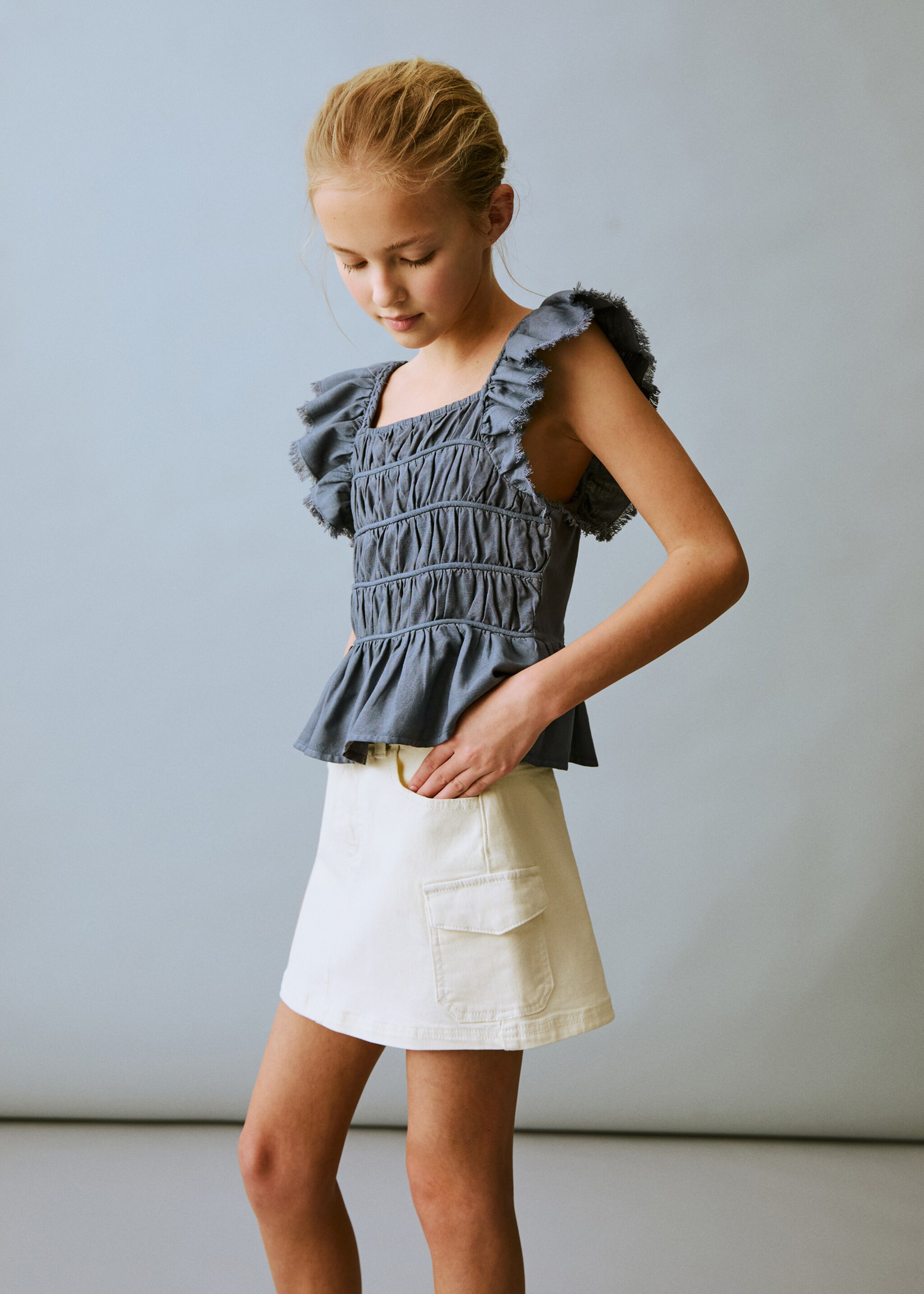 Ruched blouse with ruffles - Medium plane, Blue. Ref: 87087700-00.