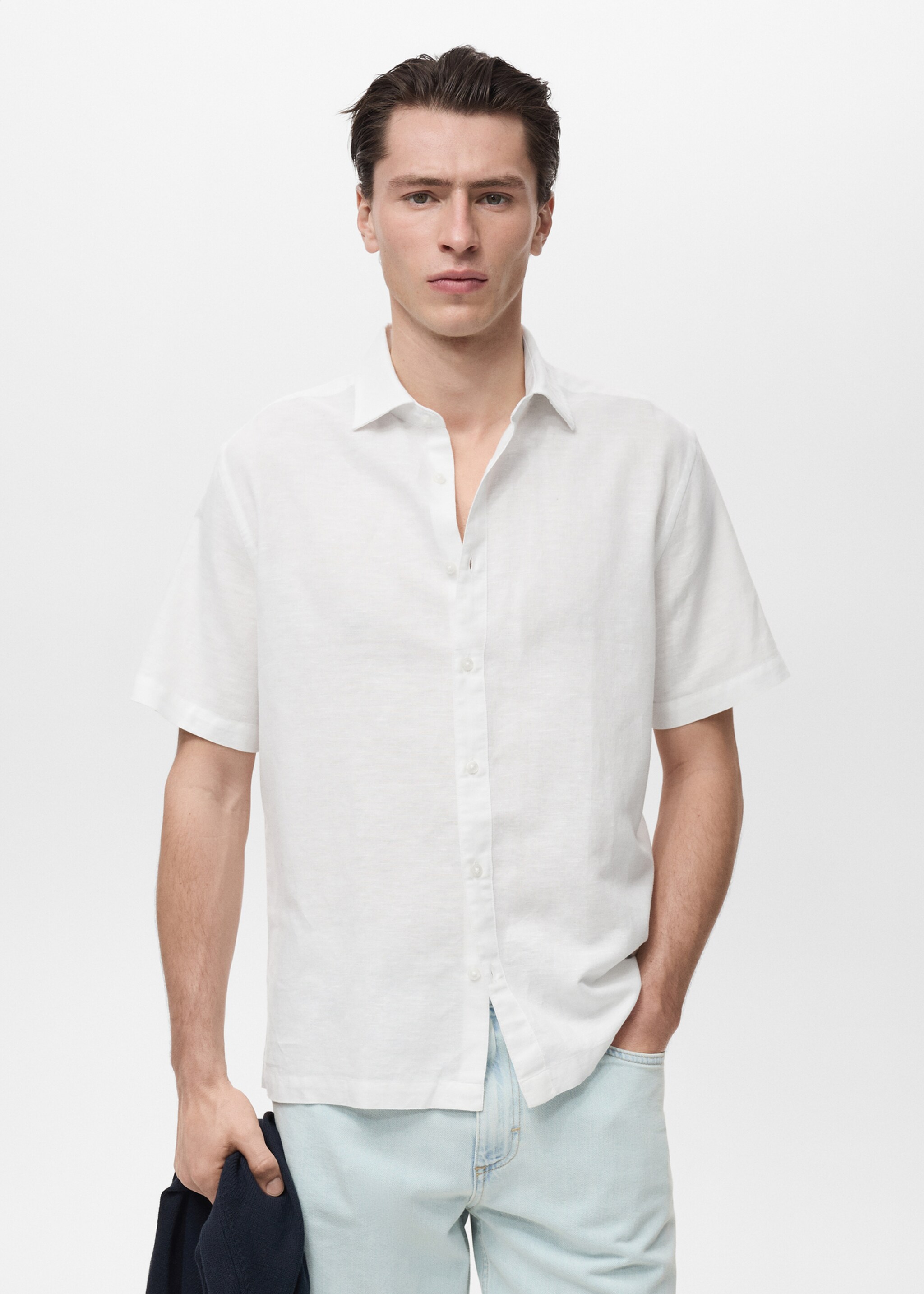 Short sleeve linen-blend shirt - Medium plane, White. Ref: 87087889-00.