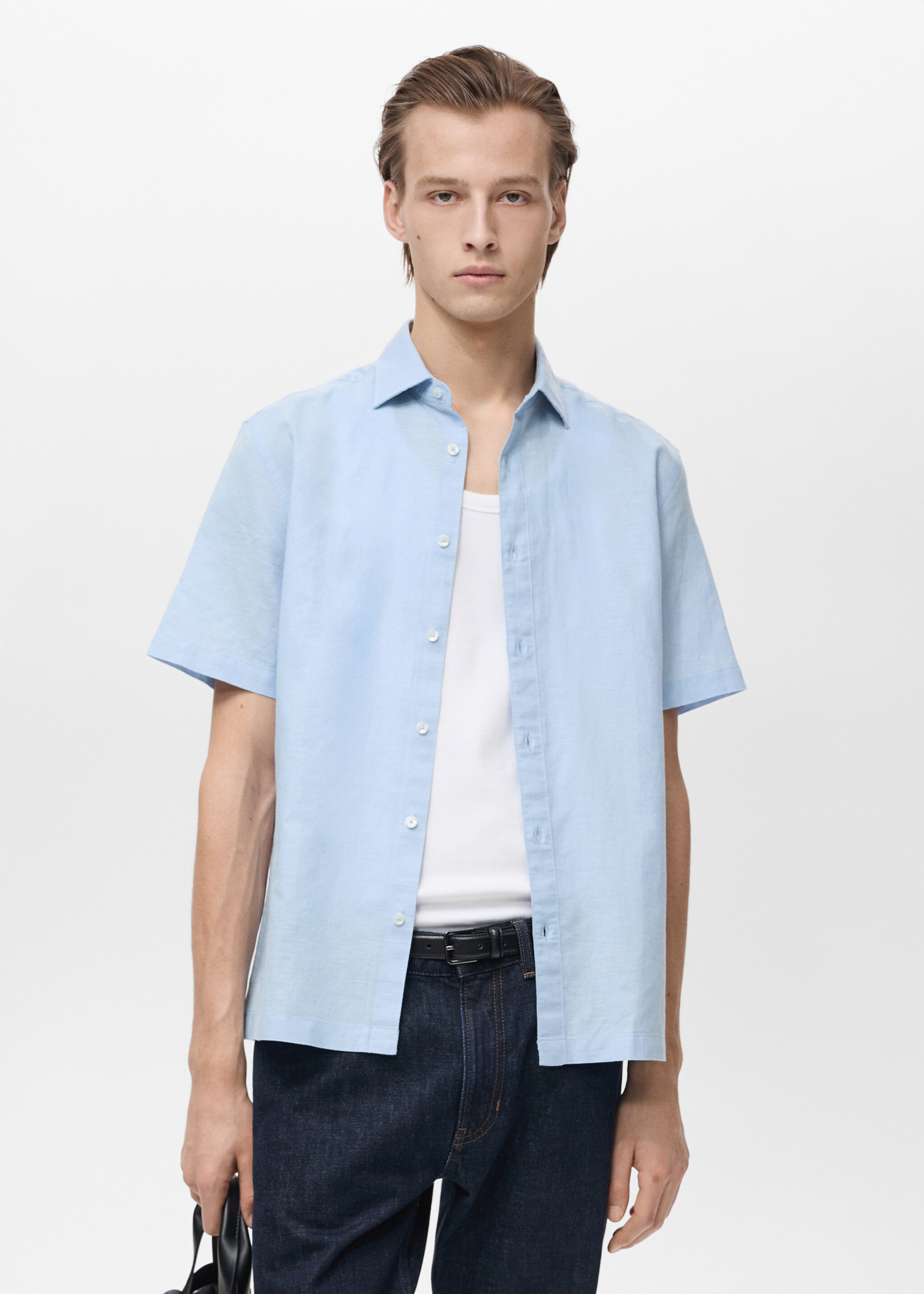 Short sleeve linen-blend shirt - Medium plane, Blue. Ref: 87087889-00.