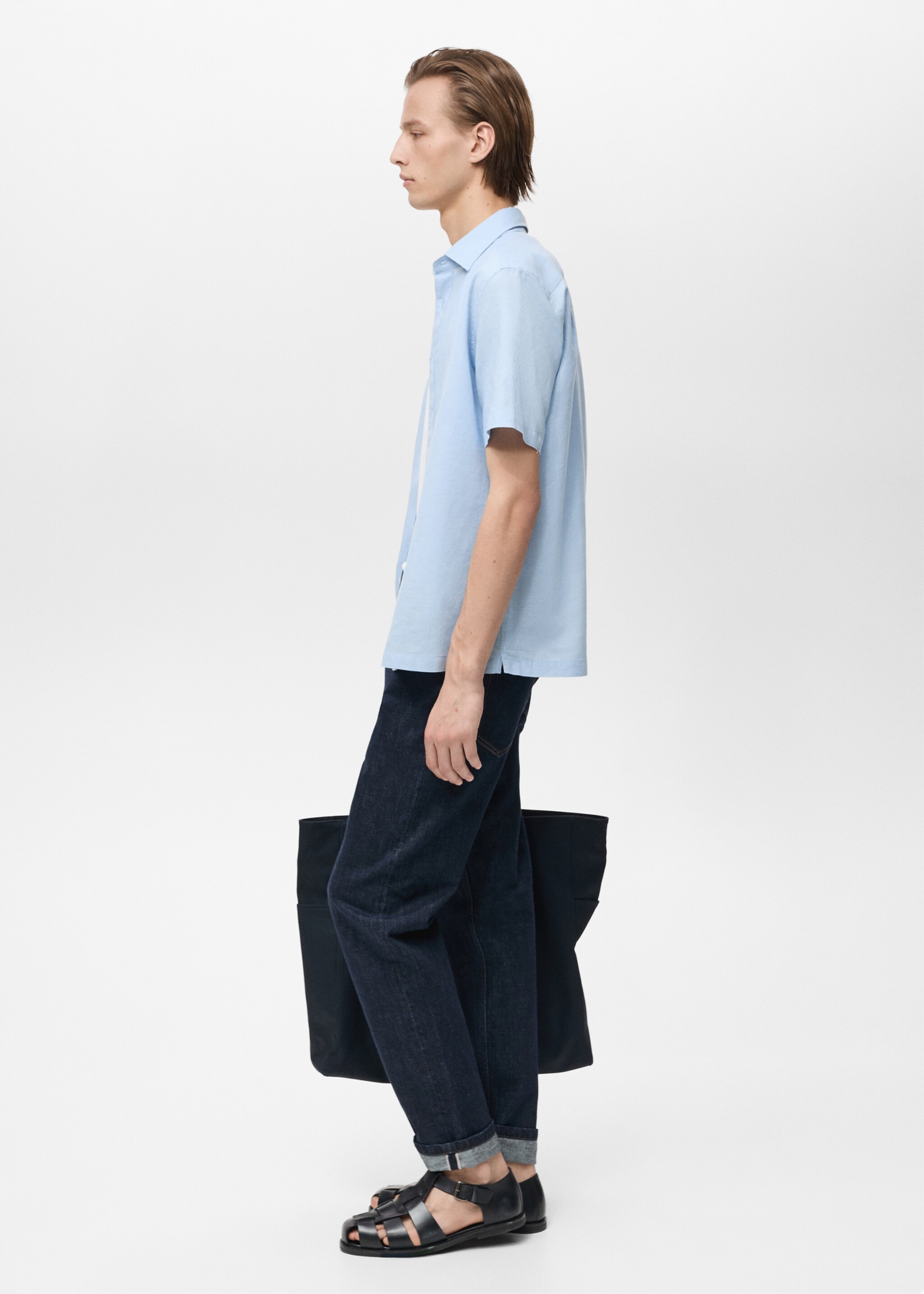 Short sleeve linen-blend shirt - Details of the article 2, Blue. Ref: 87087889-00.