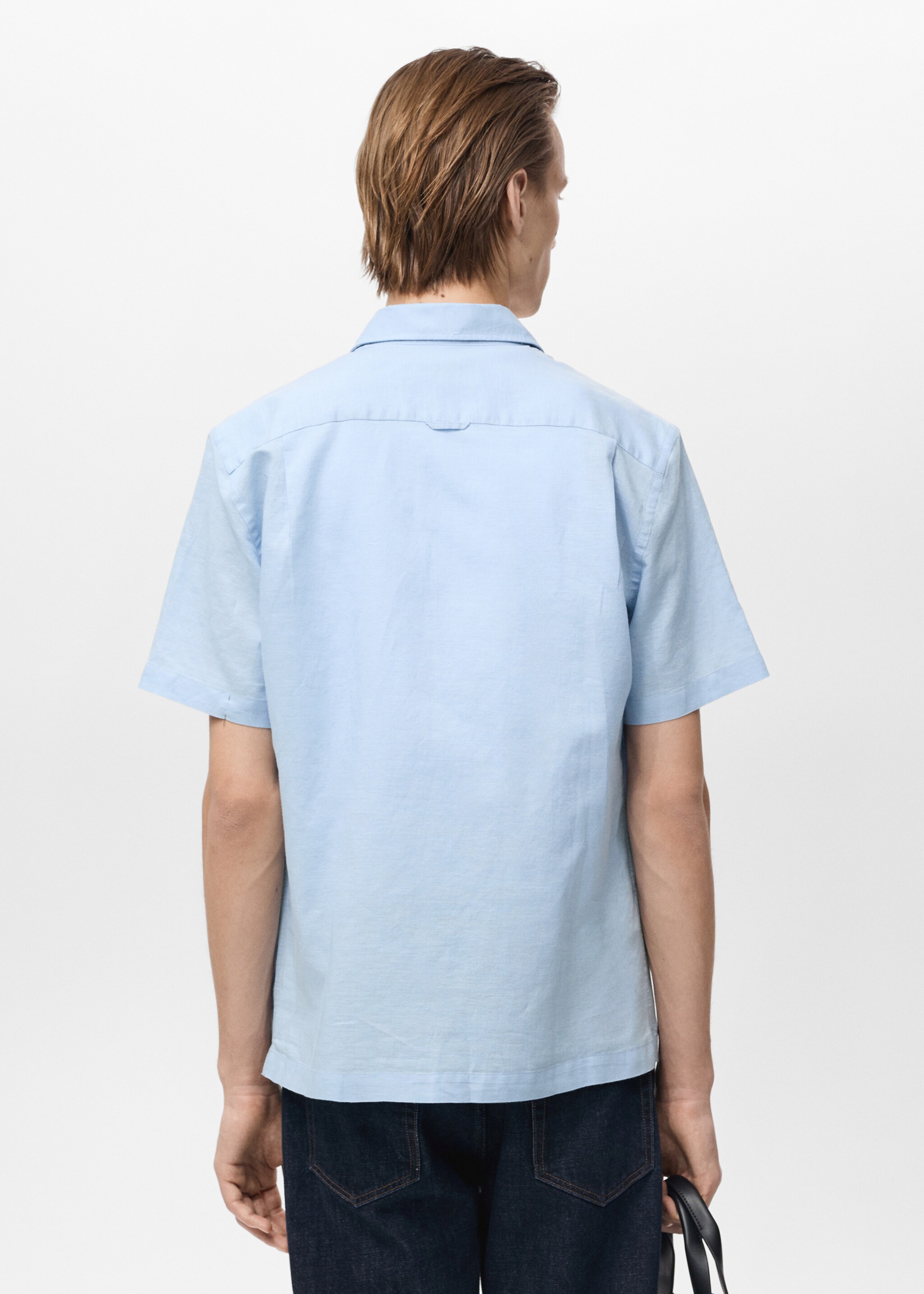 Short sleeve linen-blend shirt - Reverse of the article, Blue. Ref: 87087889-00.