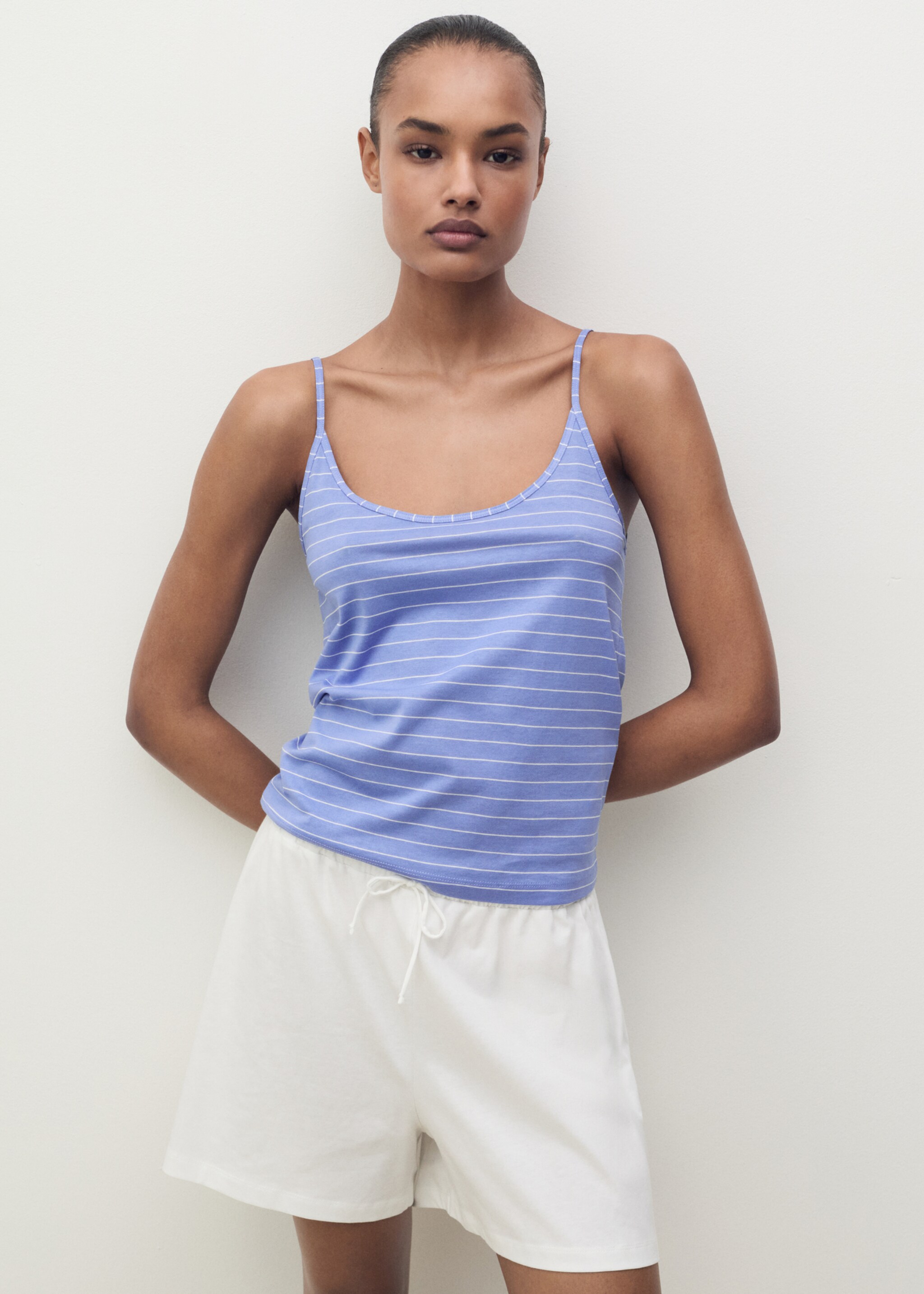 Haut de pyjama en coton à rayures - Plan moyen, Bleu. Ref: 87088650-00.