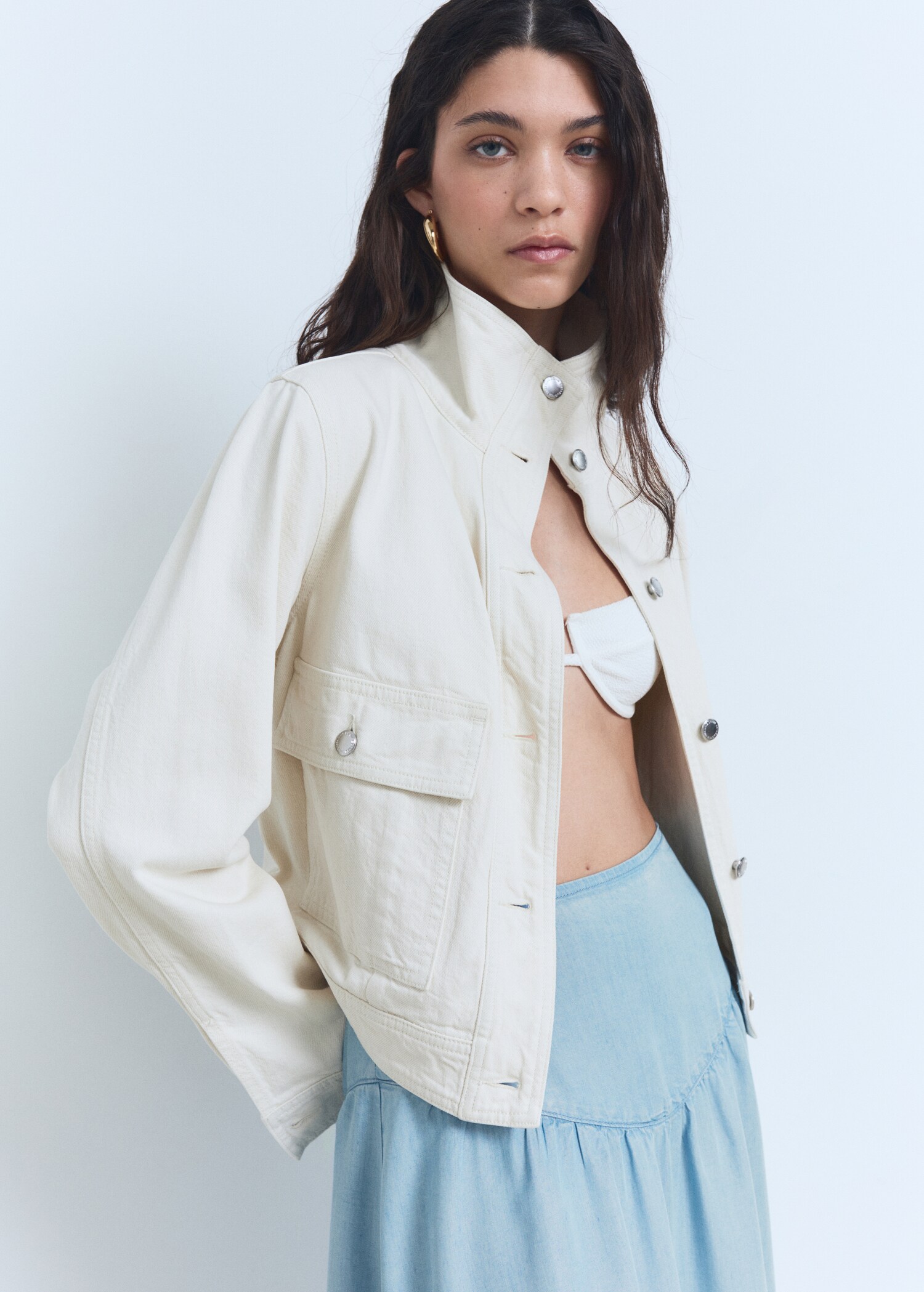 Soft denim midi-skirt with gathered detail - Details of the article 1