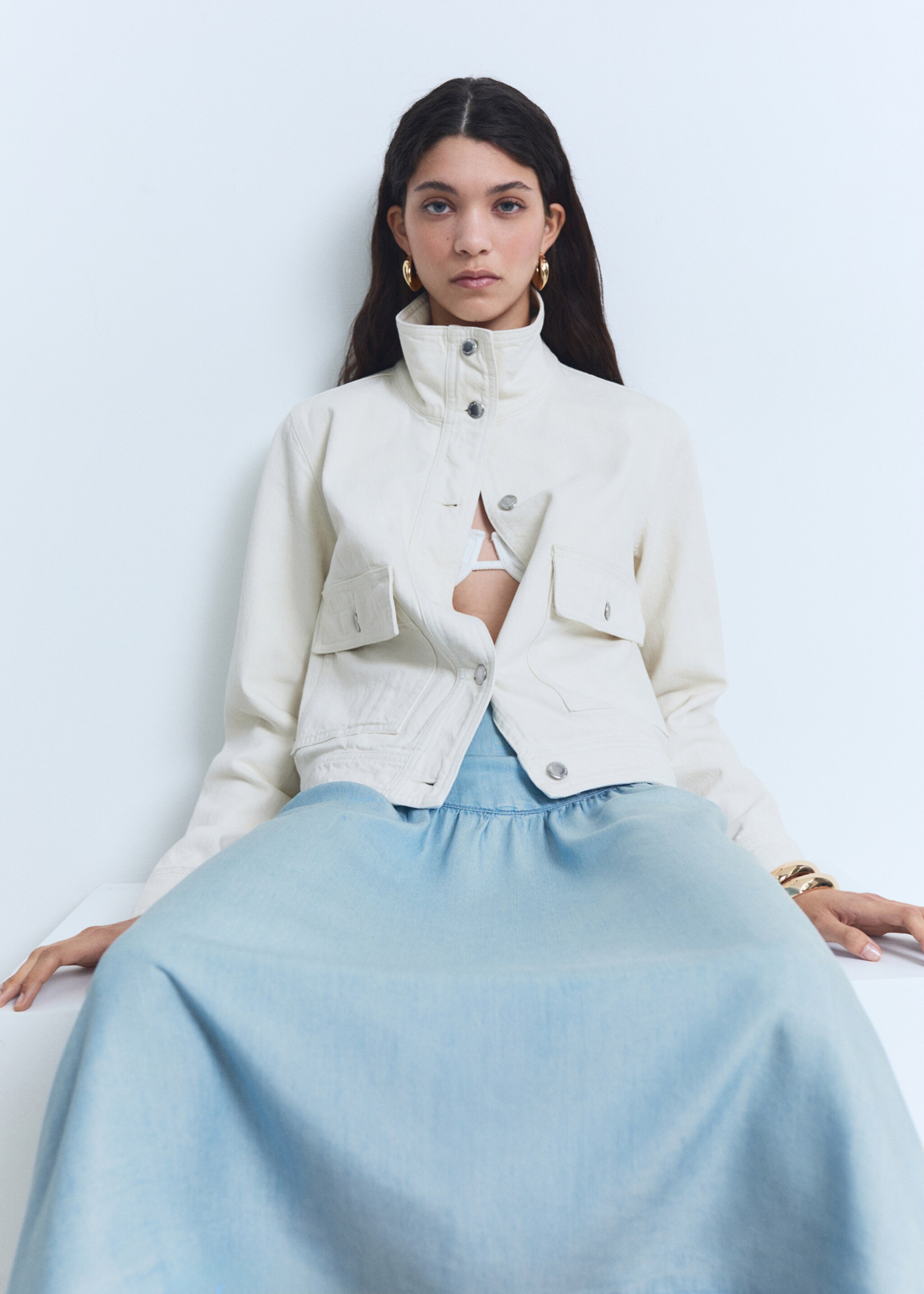 Soft denim midi-skirt with gathered detail - Details of the article 2, Medium Blue. Ref: 87088651-00.